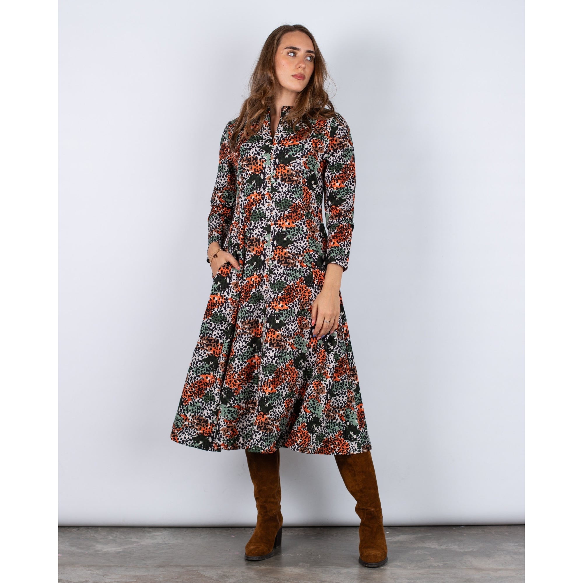 Alice Collins Skylar Zip Up Nehru Collar Animal Print A Line Dress Multi