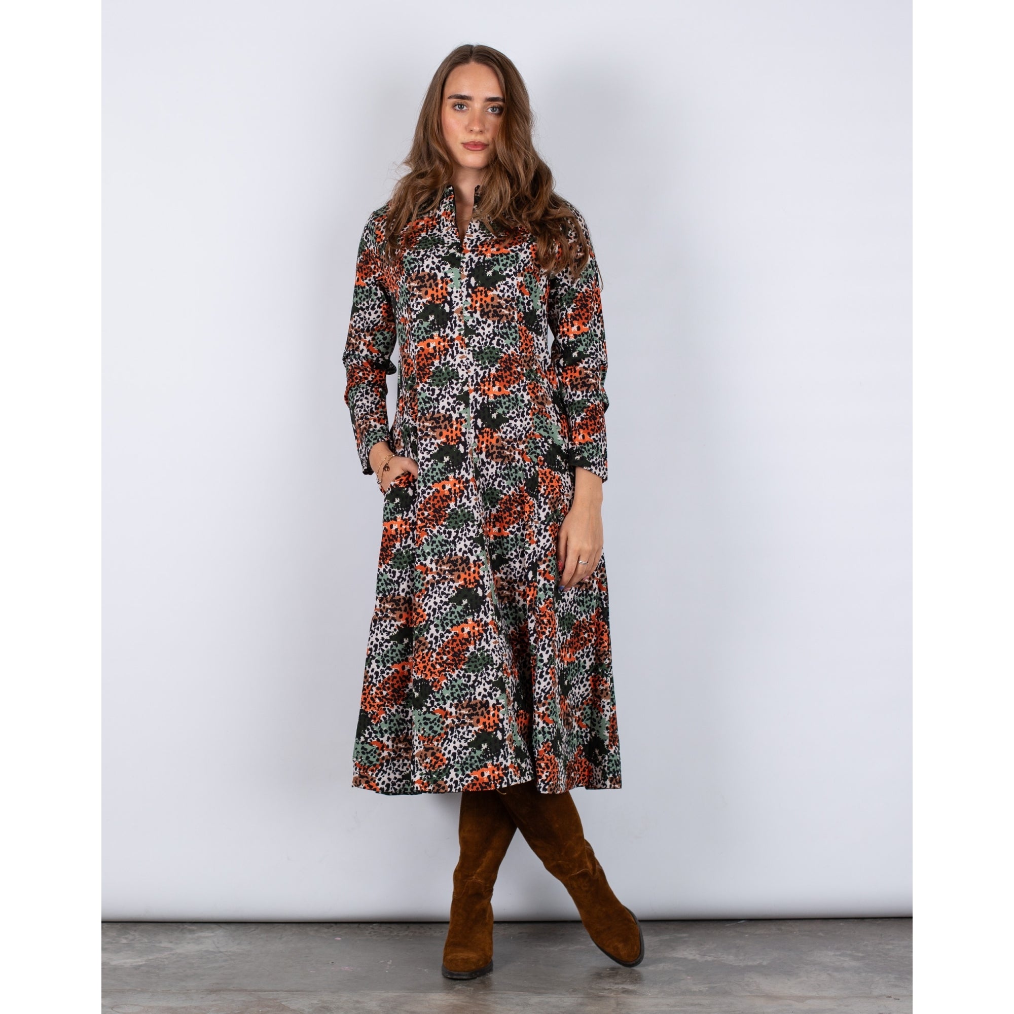 Alice Collins Skylar Zip Up Nehru Collar Animal Print A Line Dress Multi