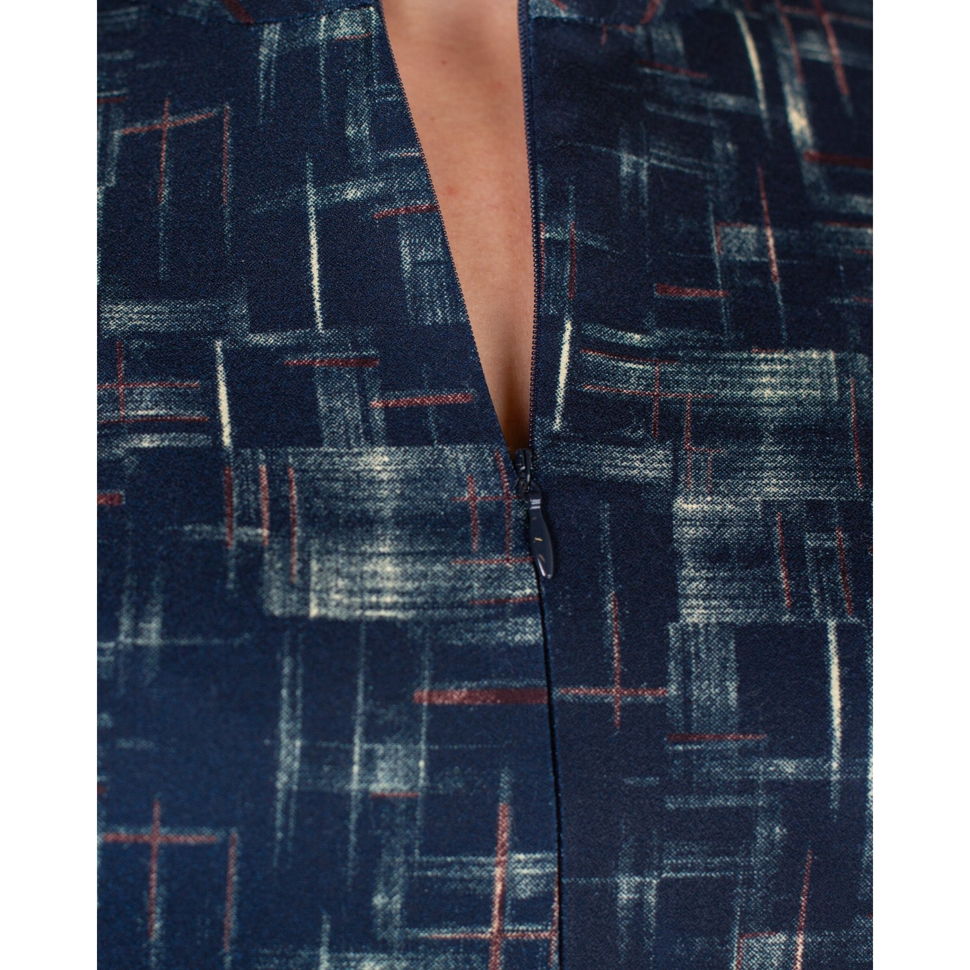 Alice Collins Skylar Zip Up Nehru Collar Sketch Print A Line Dress Navy Multi