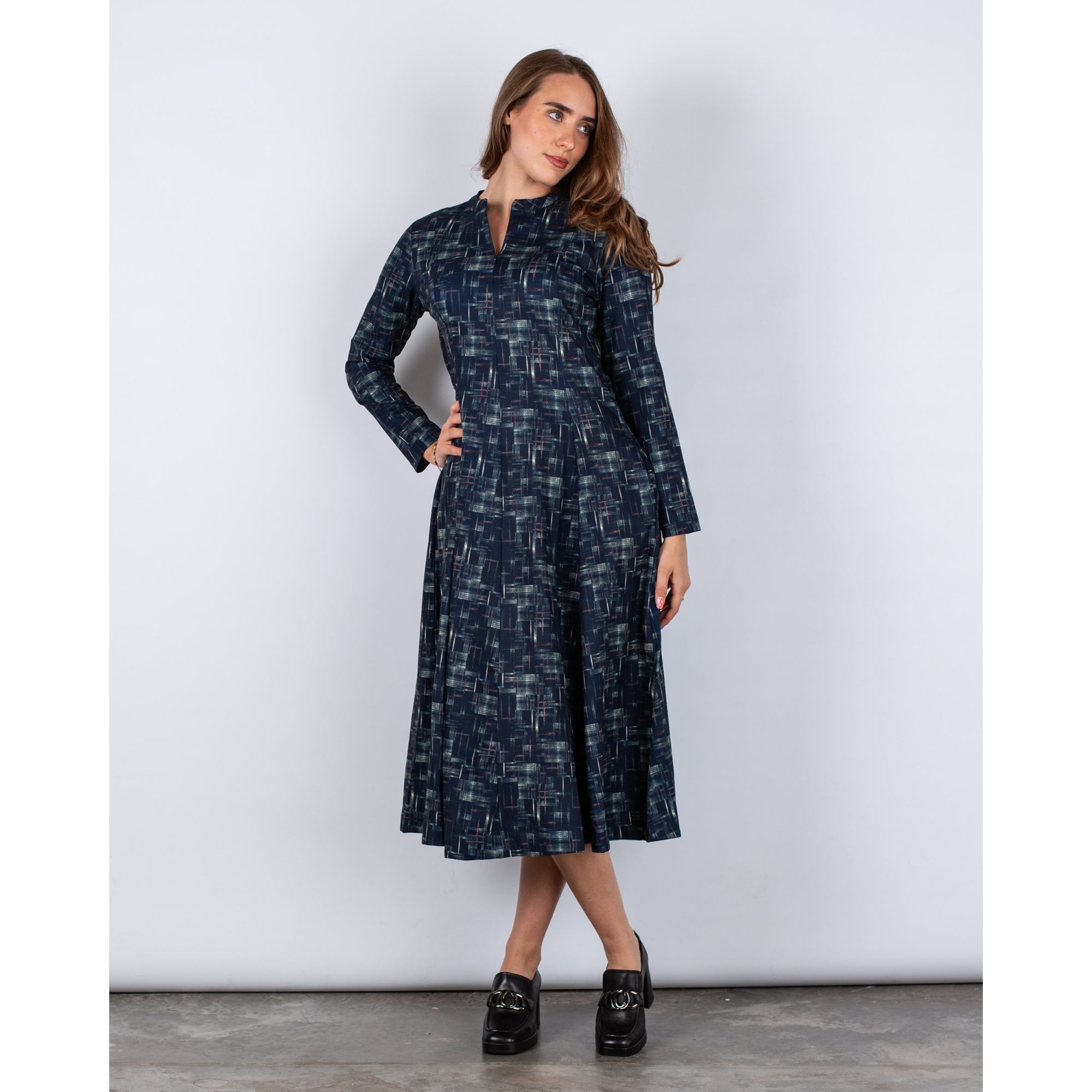 Alice Collins Skylar Zip Up Nehru Collar Sketch Print A Line Dress Navy Multi