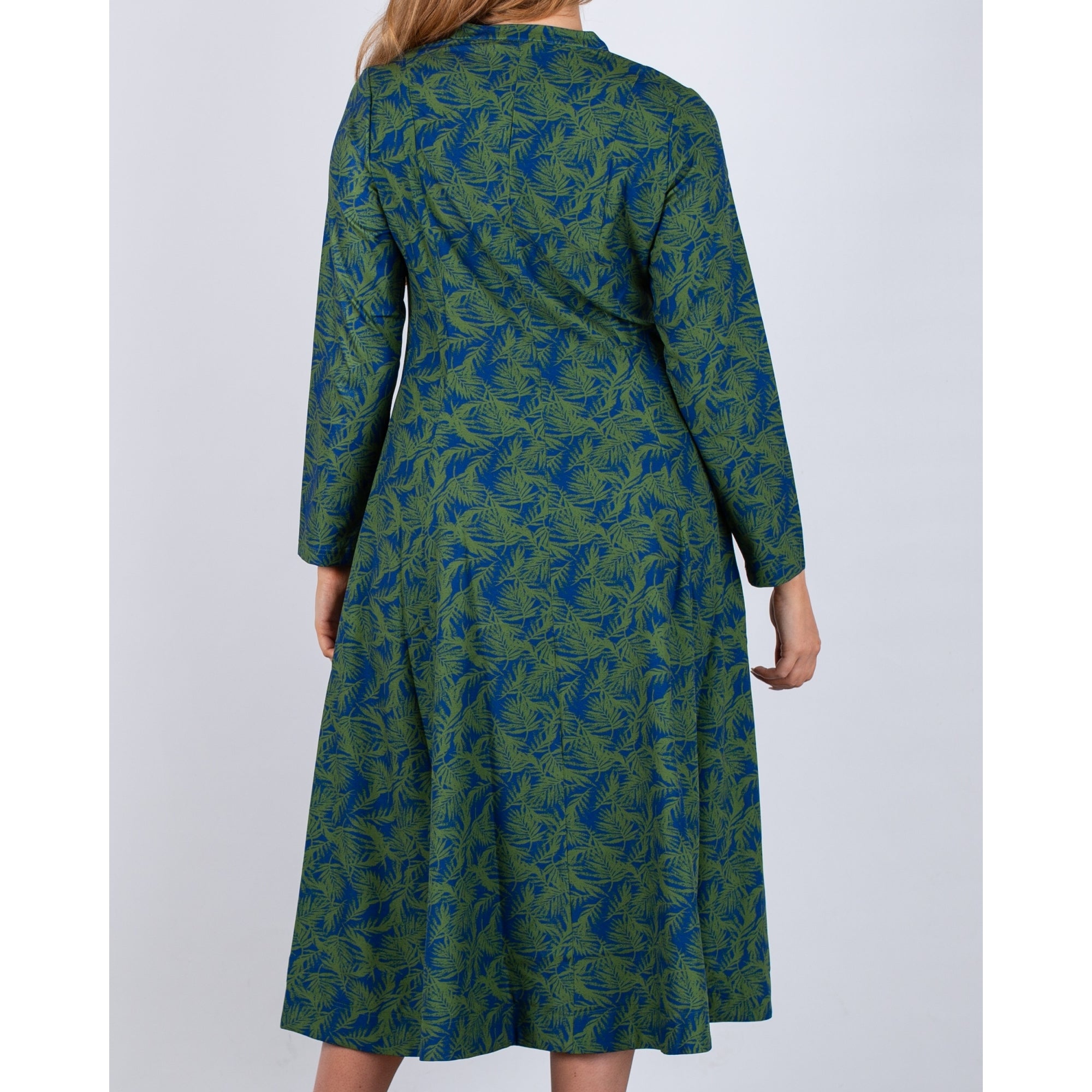 Alice Collins Skylar Zip Up Nehru Collar Palm Print A Line Dress Blue/green