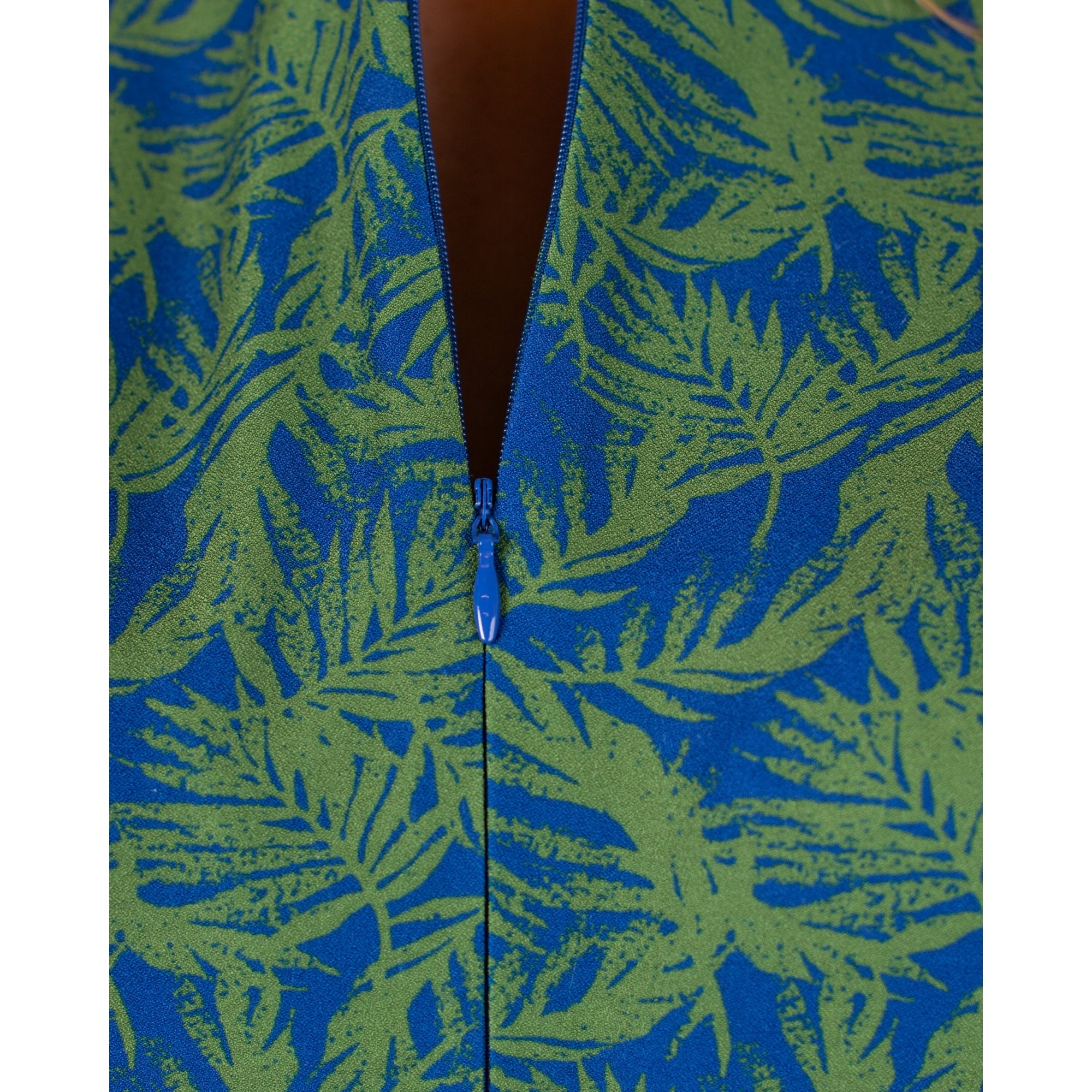 Alice Collins Skylar Zip Up Nehru Collar Palm Print A Line Dress Blue/green