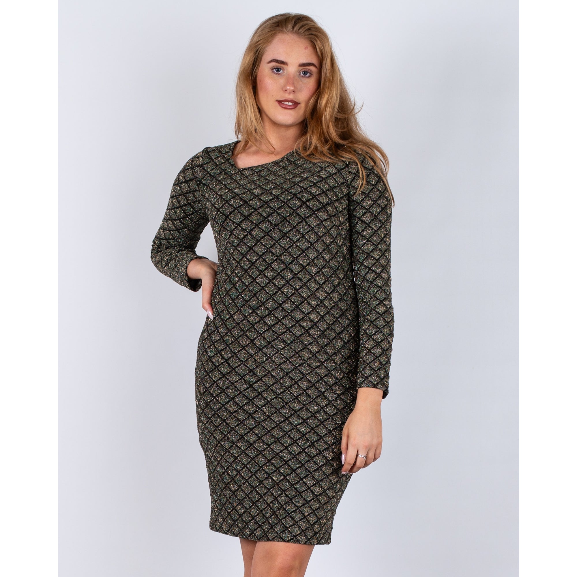 Ana Alcazar Asymmetric Neck Diamond Lurex Dress Black/green/gold