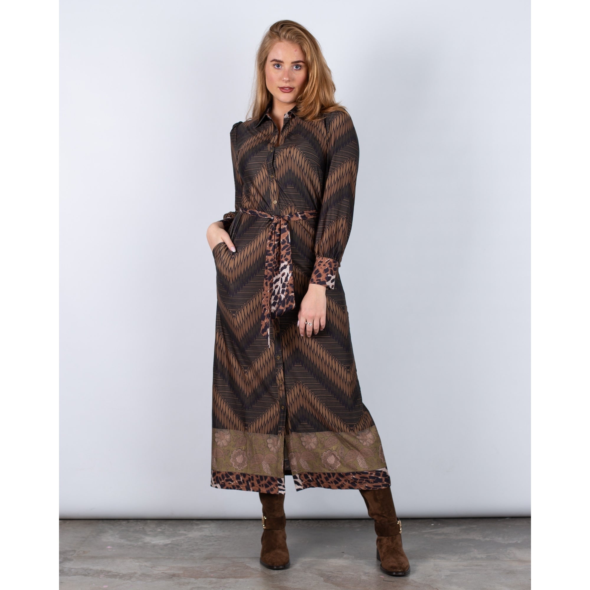 K Design Feather Print Jersey Belted Shirt Dress Green