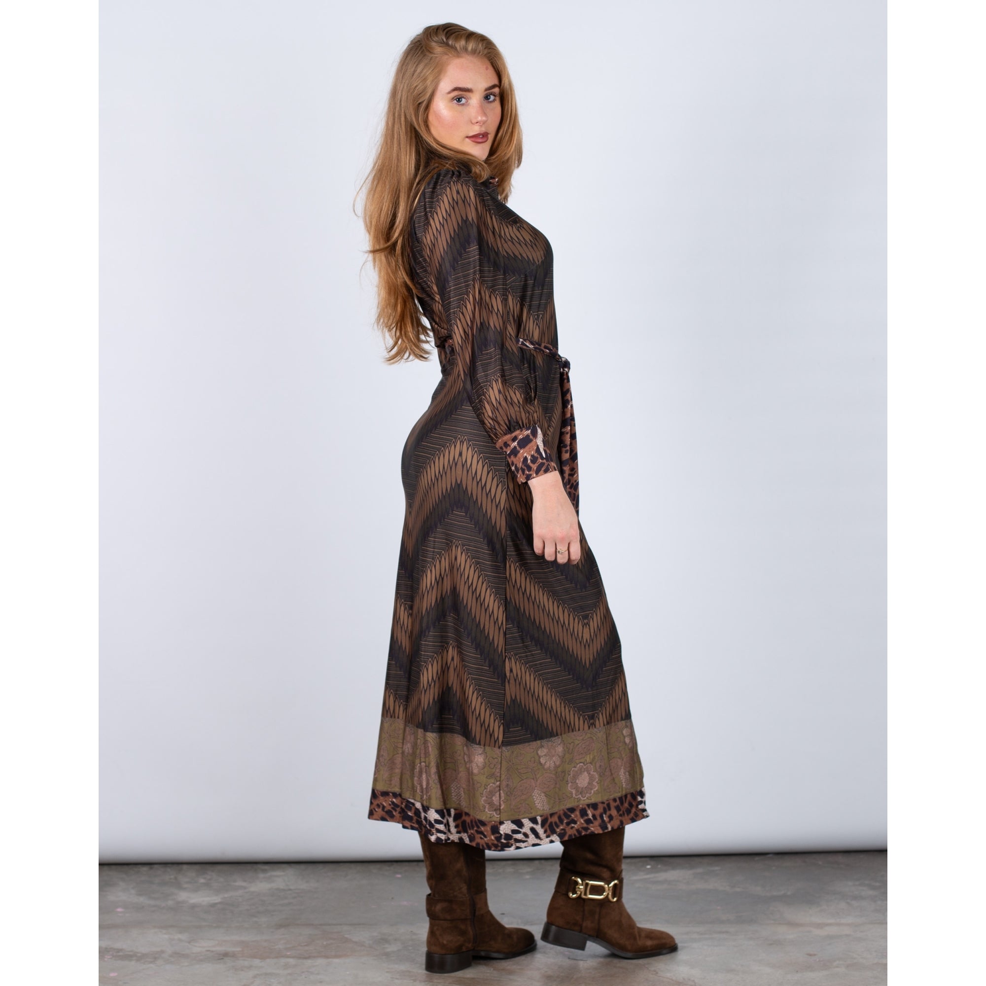 K Design Feather Print Jersey Belted Shirt Dress Green