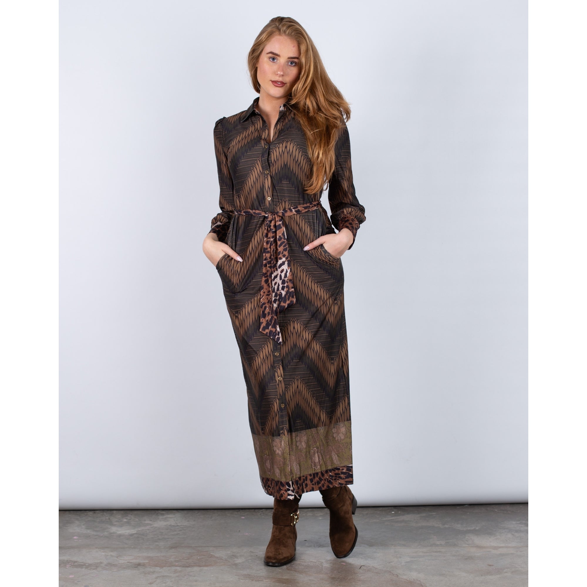 K Design Feather Print Jersey Belted Shirt Dress Green