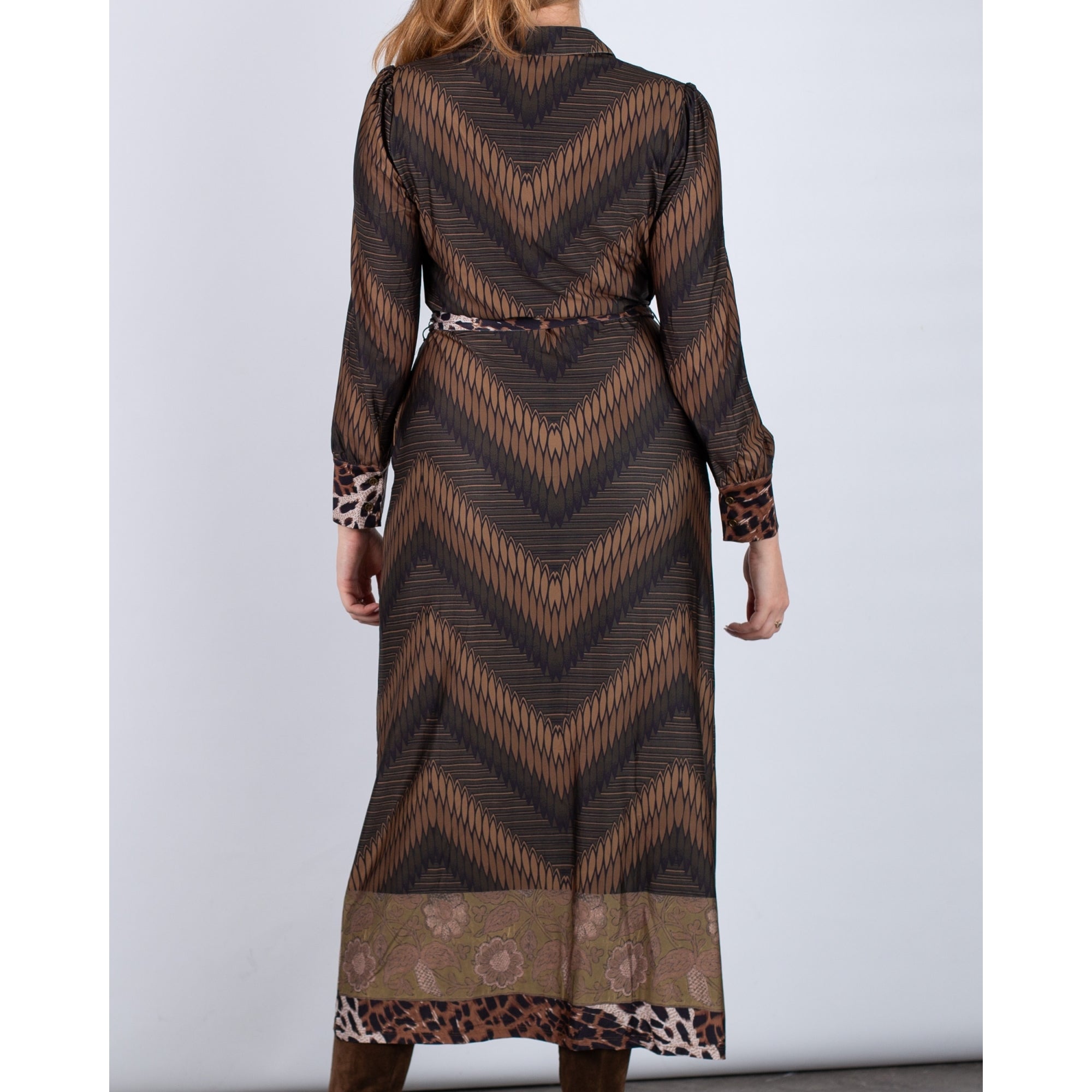 K Design Feather Print Jersey Belted Shirt Dress Green