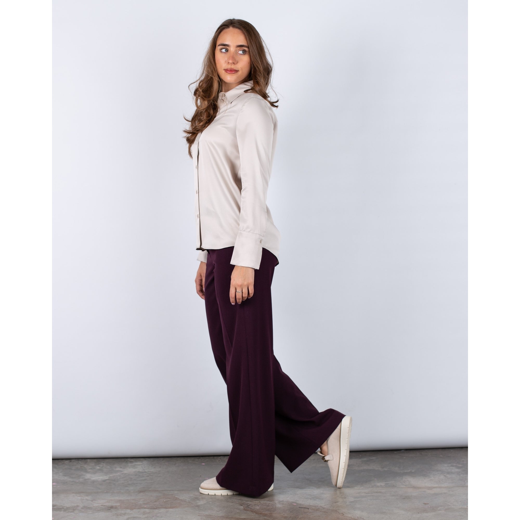 Oui Satin Finish Blouse With Shirt Collar Oyster