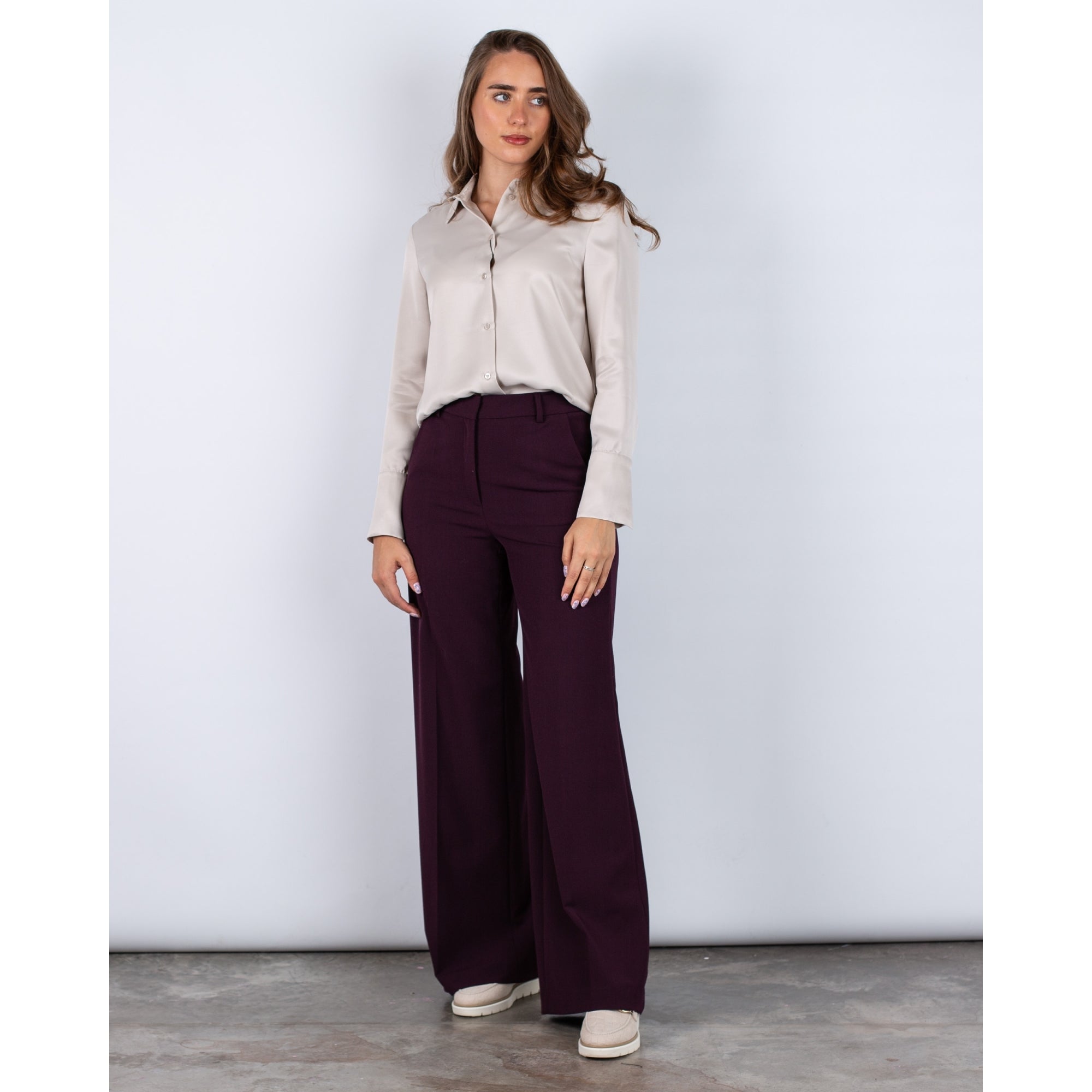 Oui Satin Finish Blouse With Shirt Collar Oyster