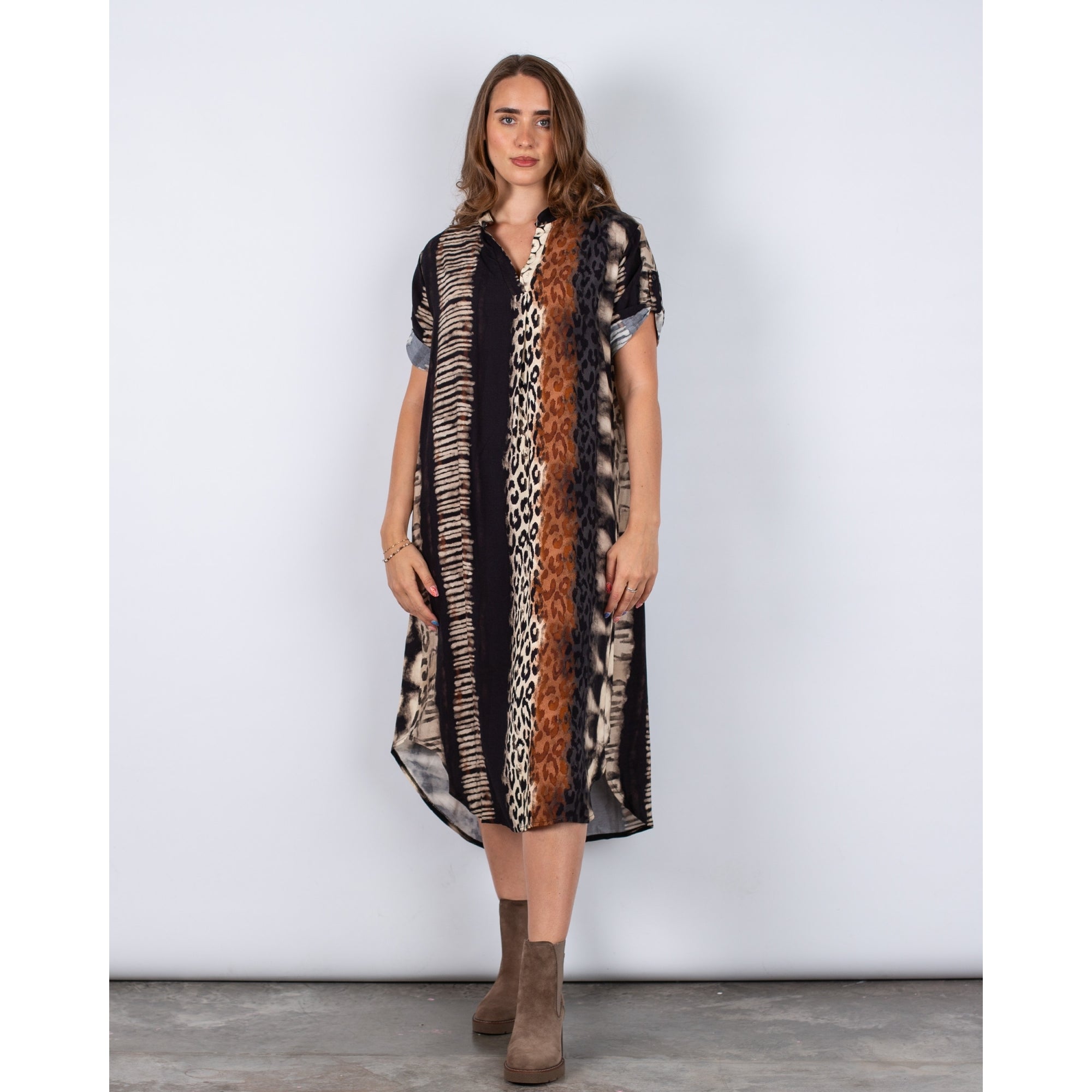 Marta Reia Multi Stripe Print Loose Bodied Dress Black/beige