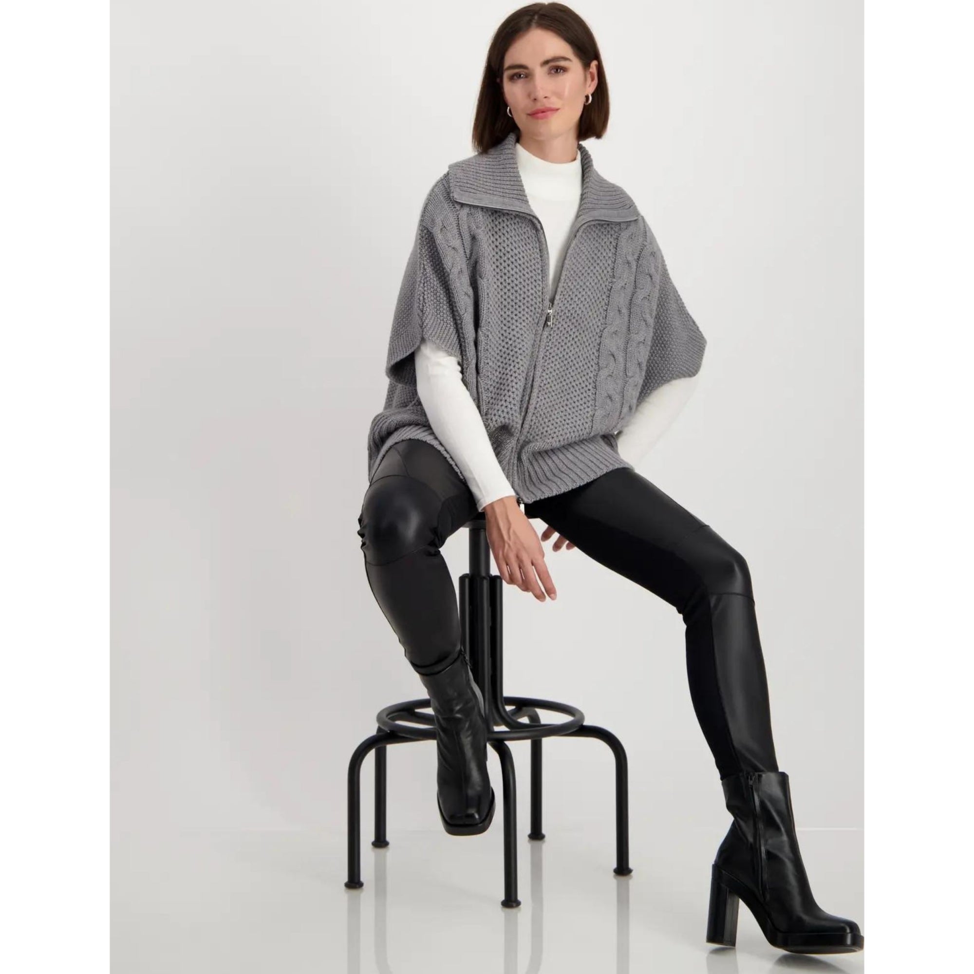 Monari Cable Zip Front Short Sleeve Knitted Jacket Grey