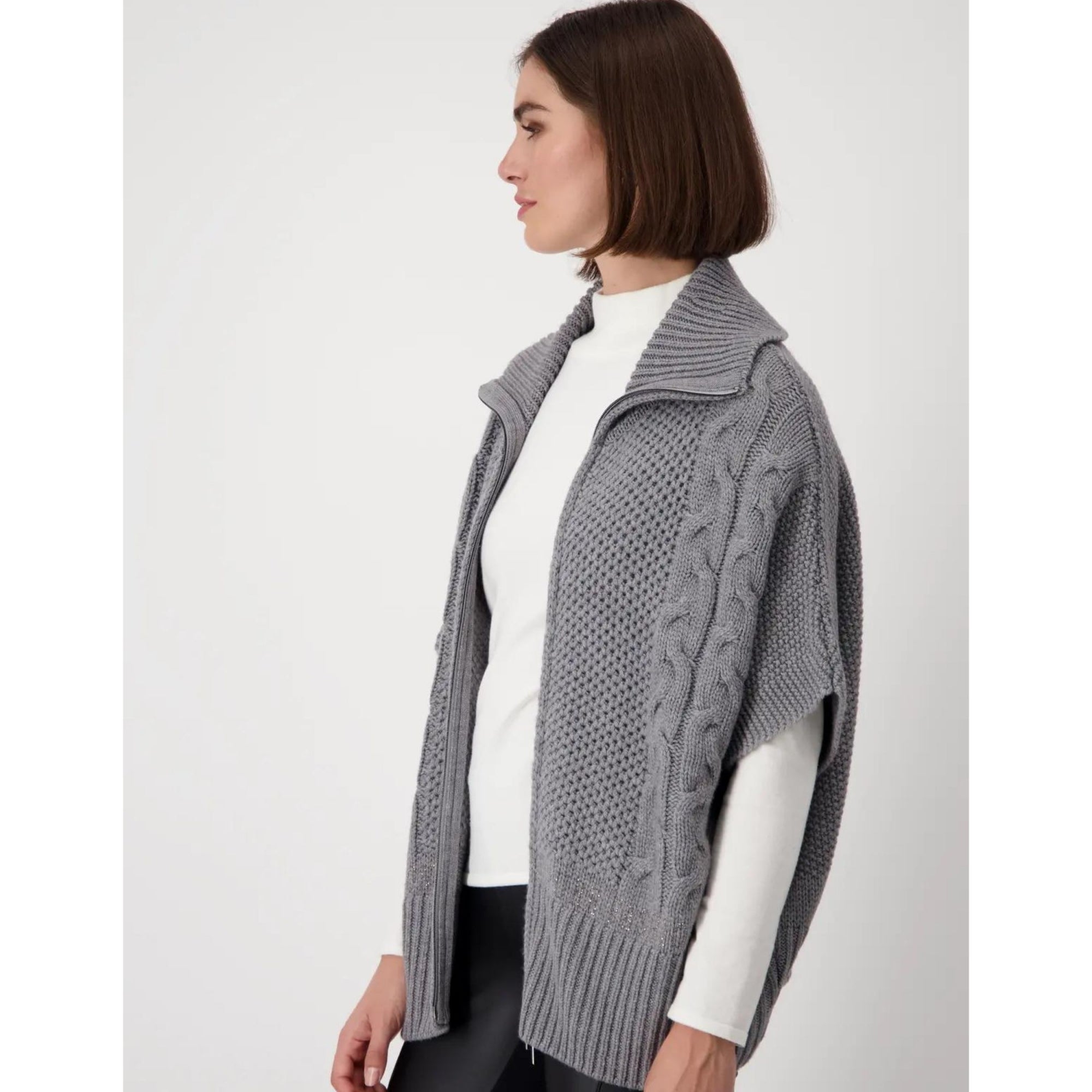 Monari Cable Zip Front Short Sleeve Knitted Jacket Grey