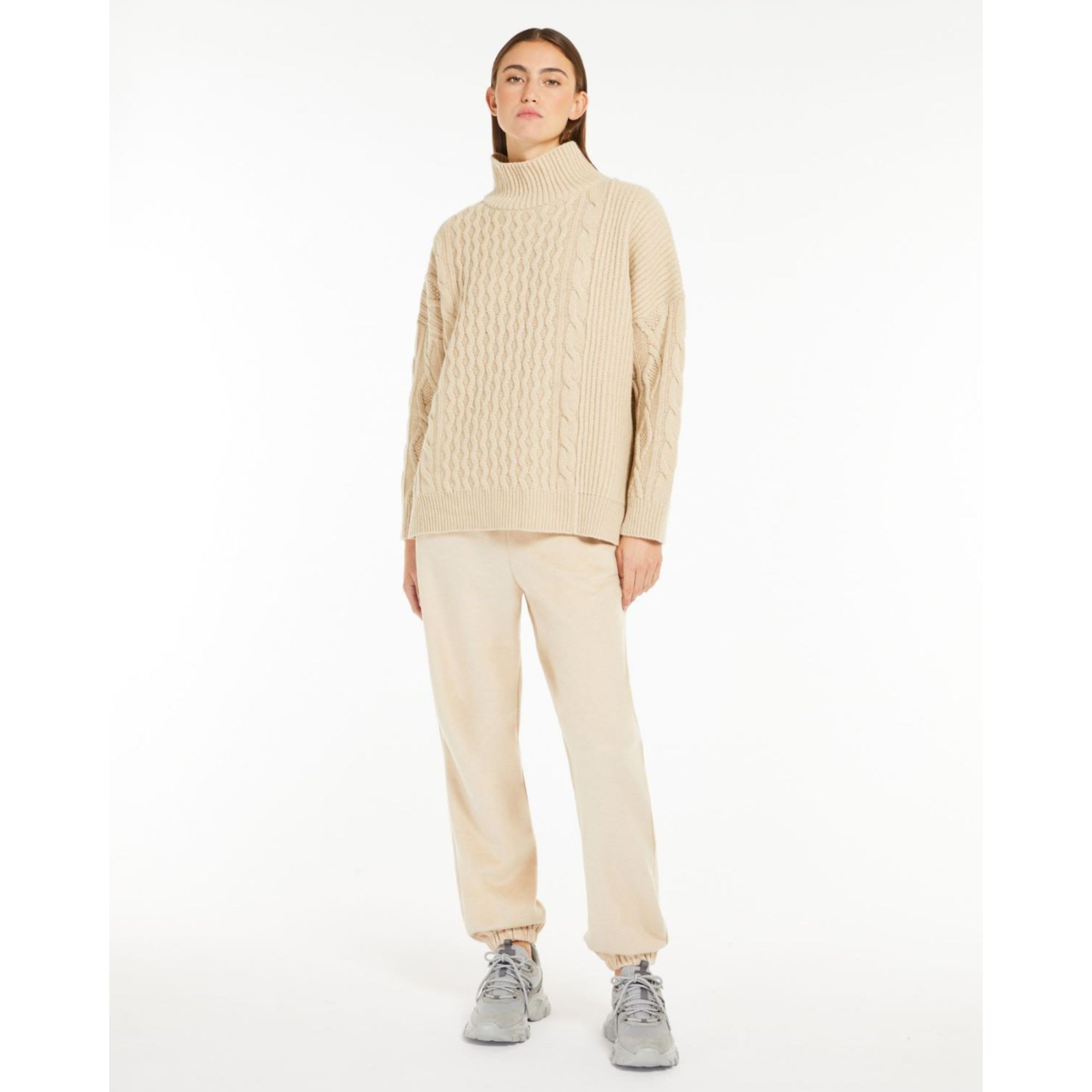 Weekend By Maxmara Veneto Cable Turtle Neck Loose Bodied Ribbed Back Jumper Sand