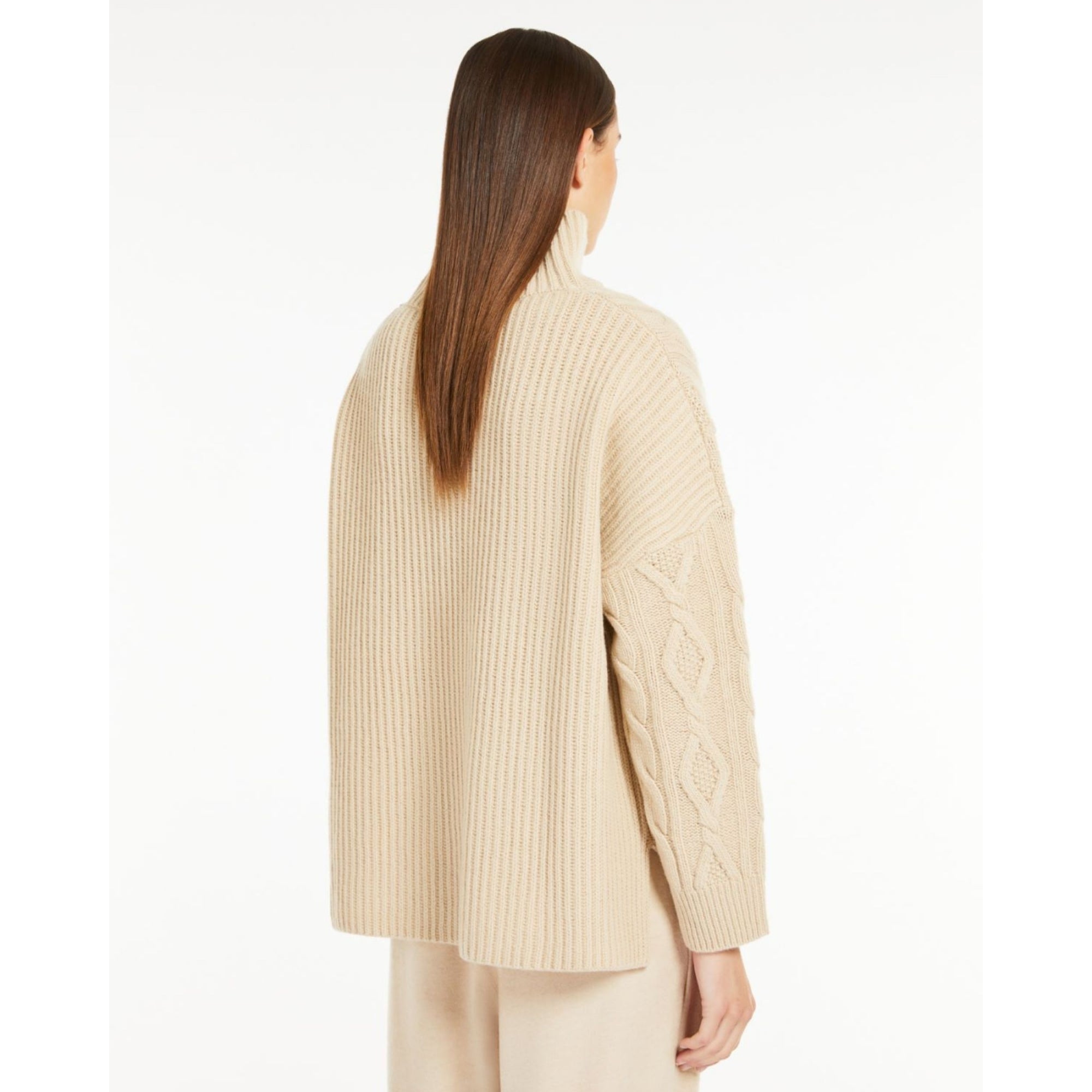 Weekend By Maxmara Veneto Cable Turtle Neck Loose Bodied Ribbed Back Jumper Sand