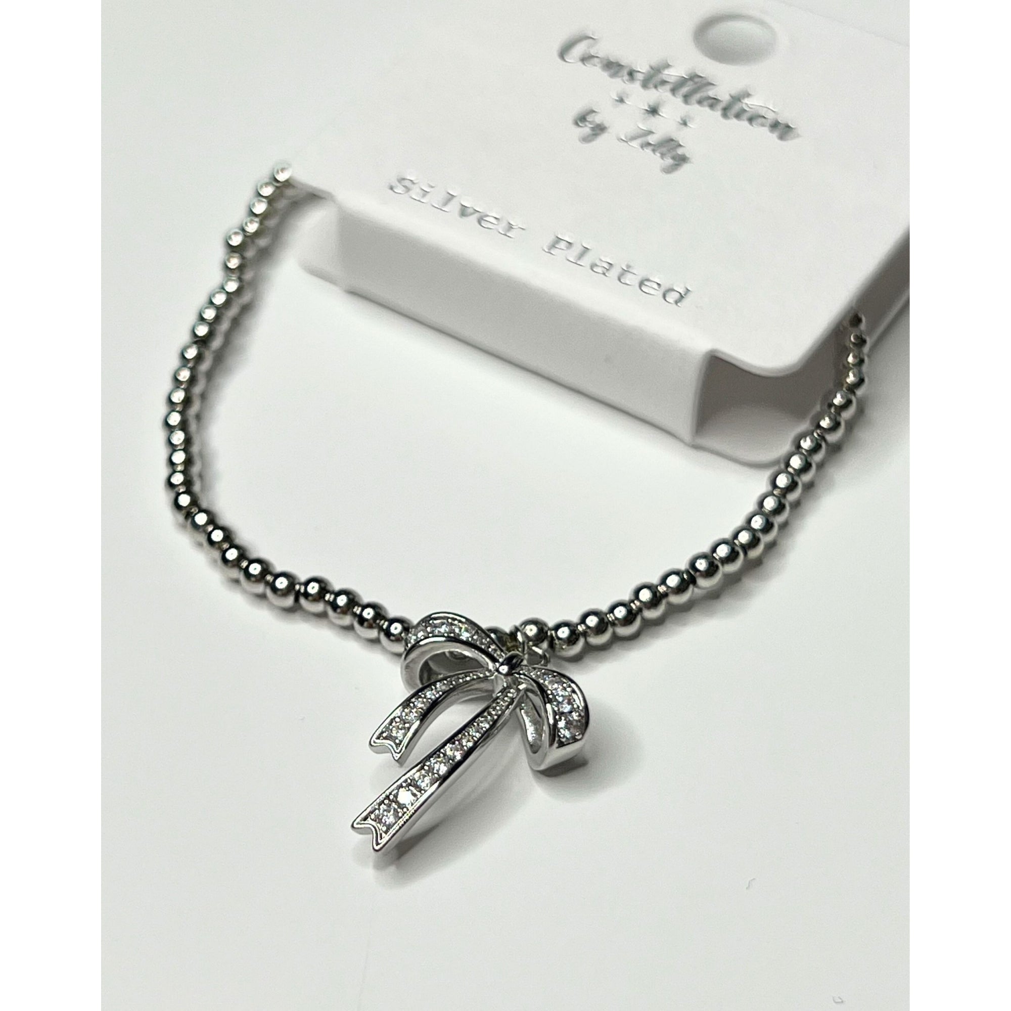 Zelly Small Bead Bracelet With Diamante Bow Silver