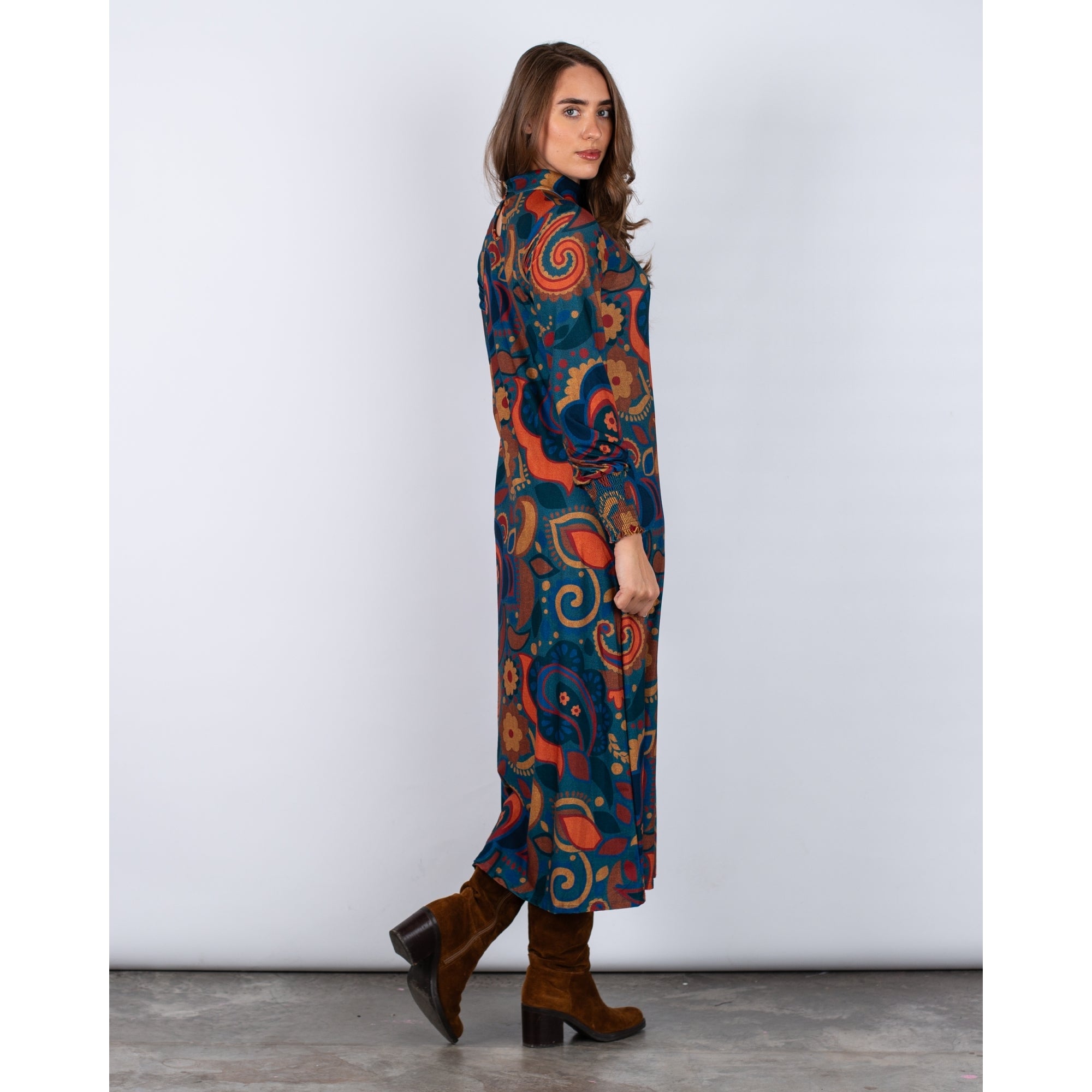 Tinta Style Sagrario Thick Jersey High Neck Retro Swirl Print Dress Jade Multi