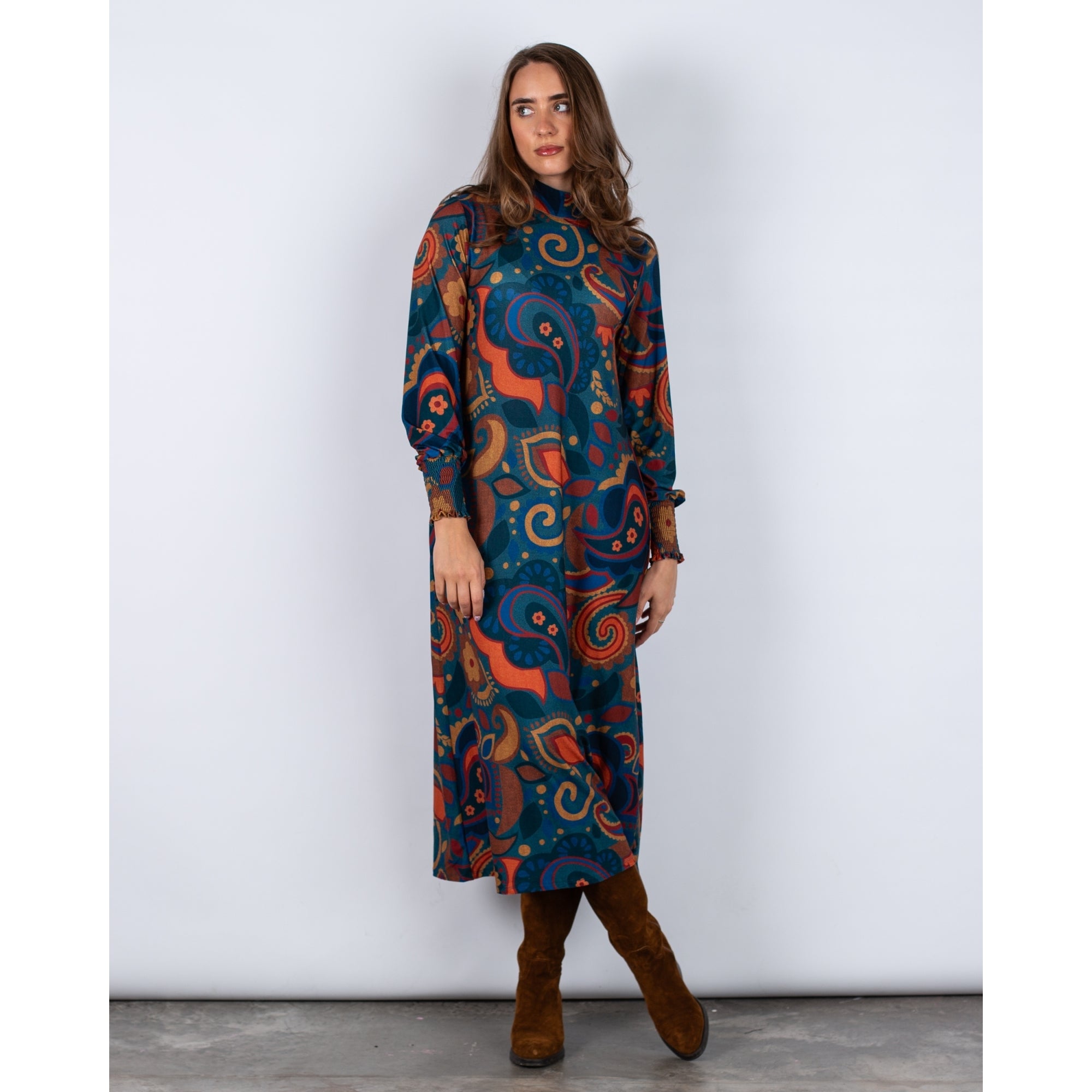 Tinta Style Sagrario Thick Jersey High Neck Retro Swirl Print Dress Jade Multi