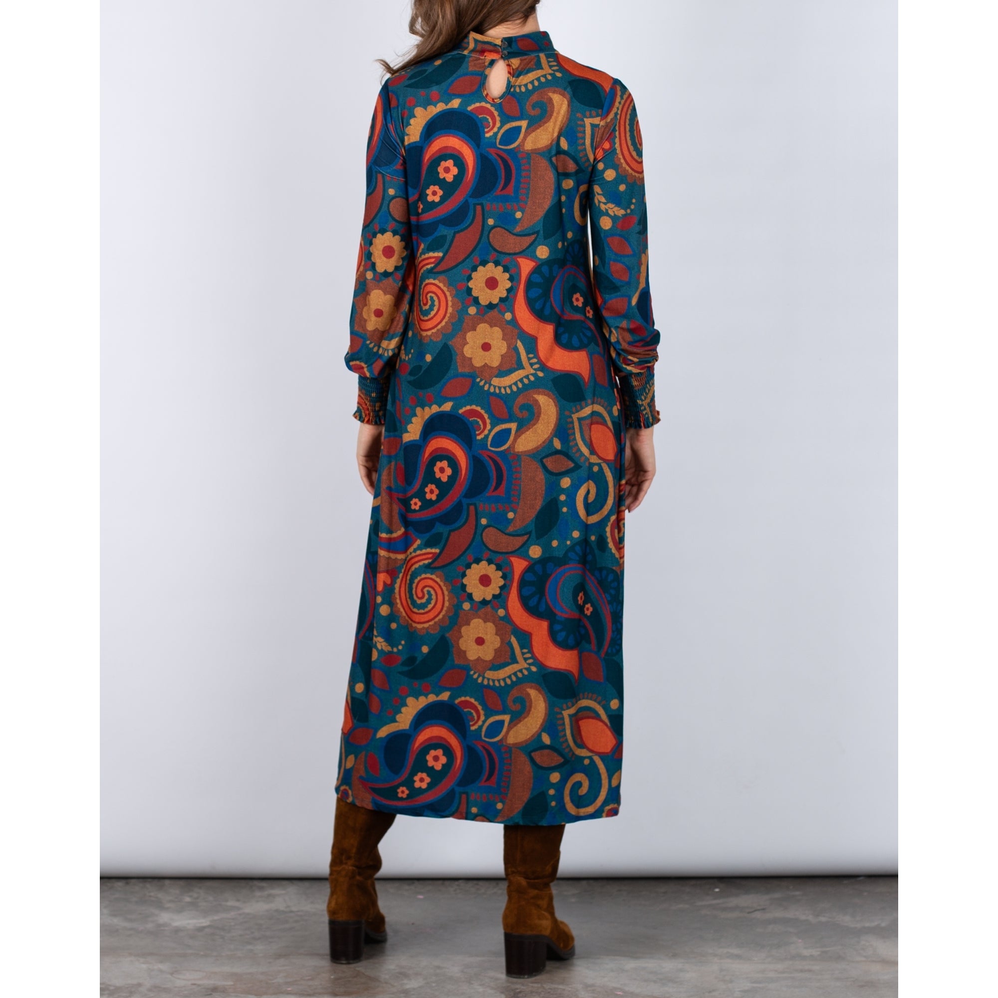 Tinta Style Sagrario Thick Jersey High Neck Retro Swirl Print Dress Jade Multi