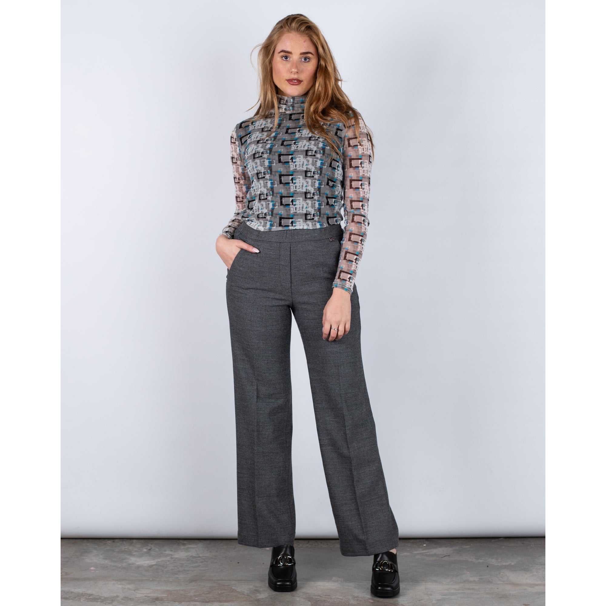 Alison Sheri Geometric Print Mesh Polo Neck Top Grey/blue