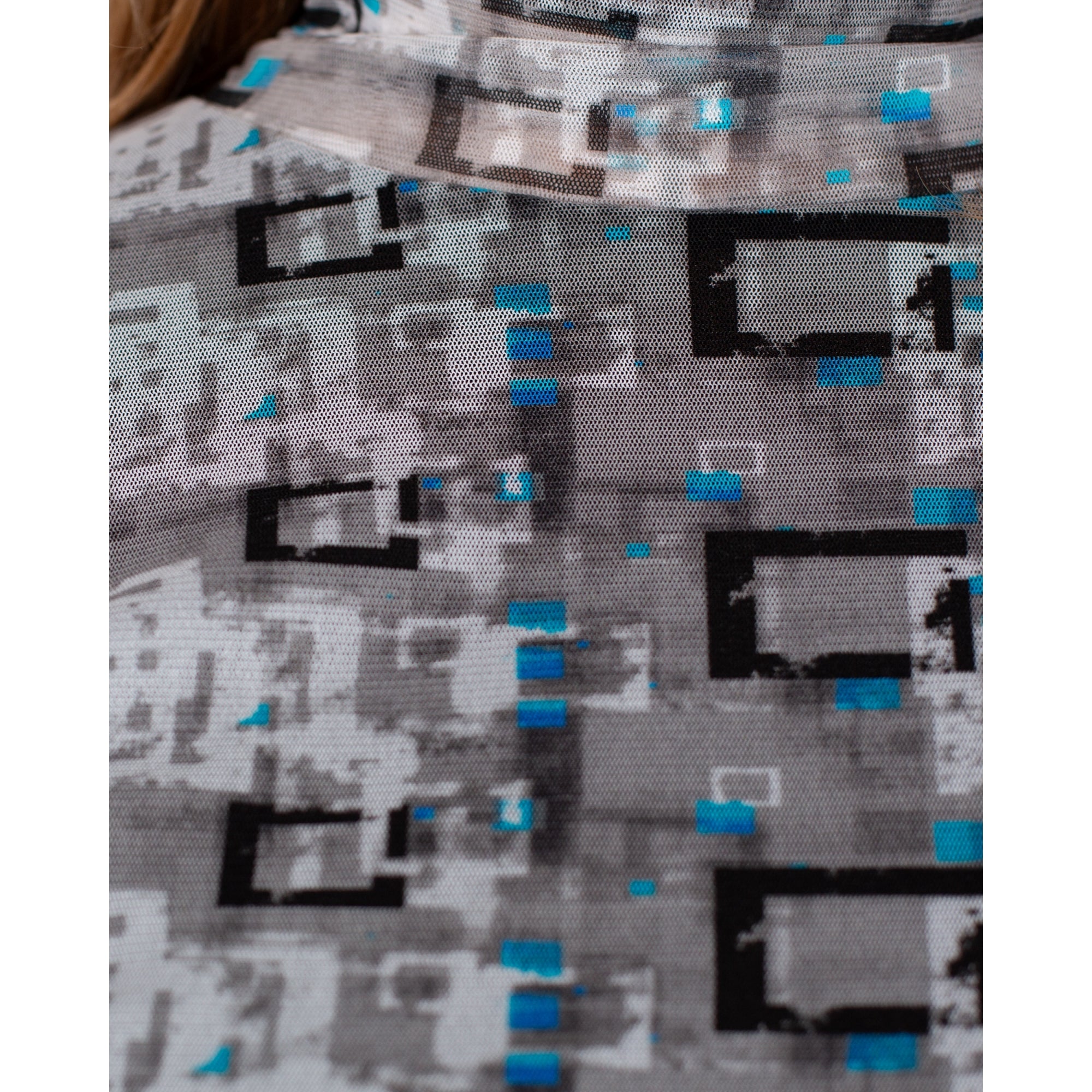 Alison Sheri Geometric Print Mesh Polo Neck Top Grey/blue