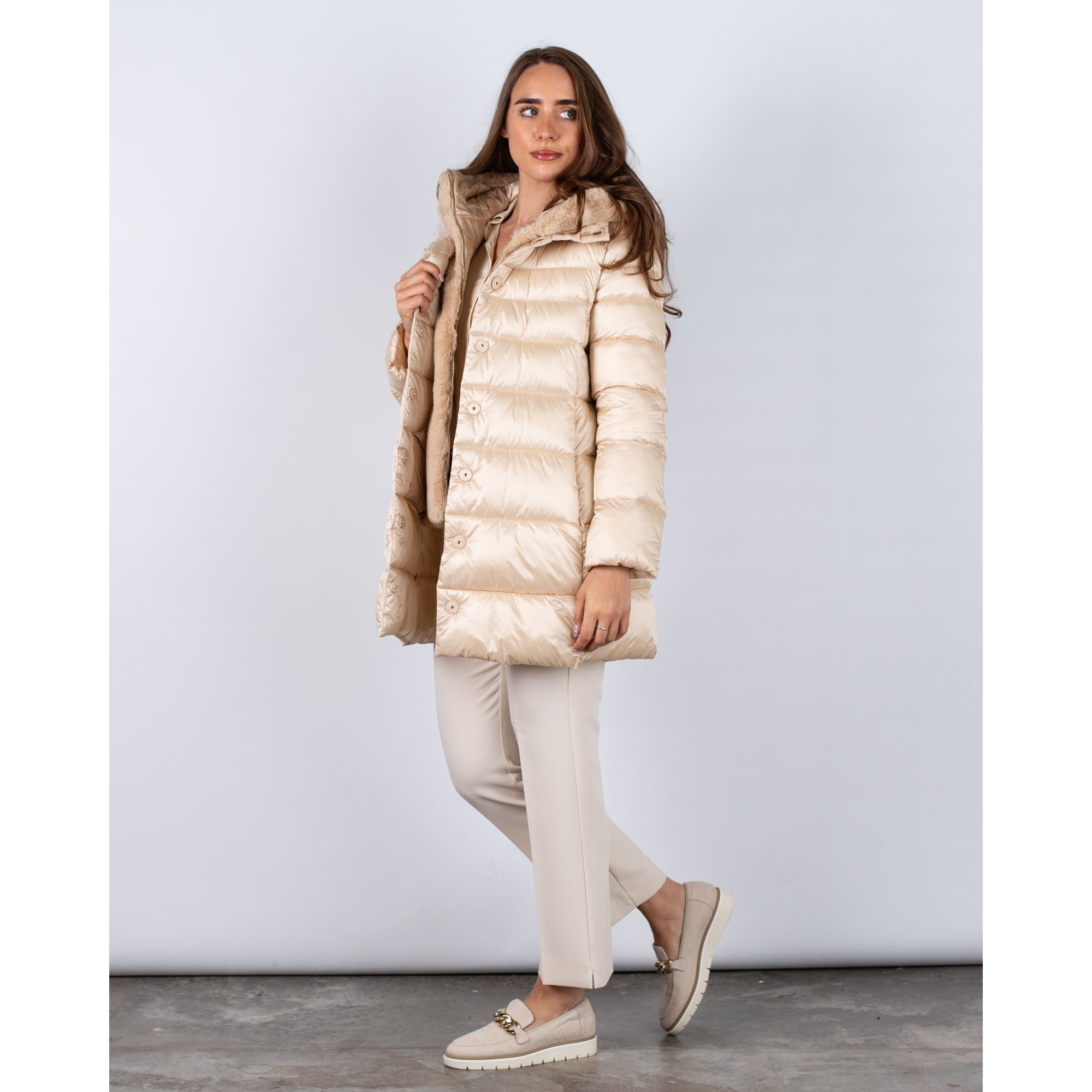 Marella Emme Toscana Puffa Coat With Detachable Faux Fur Lining Vanilla