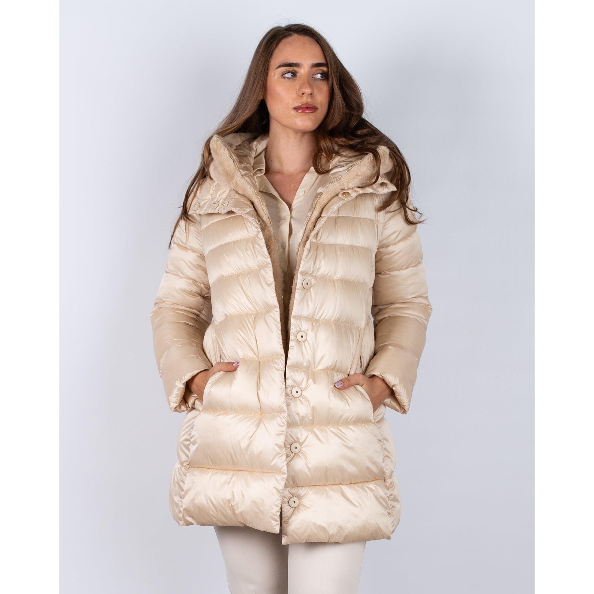 Marella Emme Toscana Puffa Coat With Detachable Faux Fur Lining Vanilla