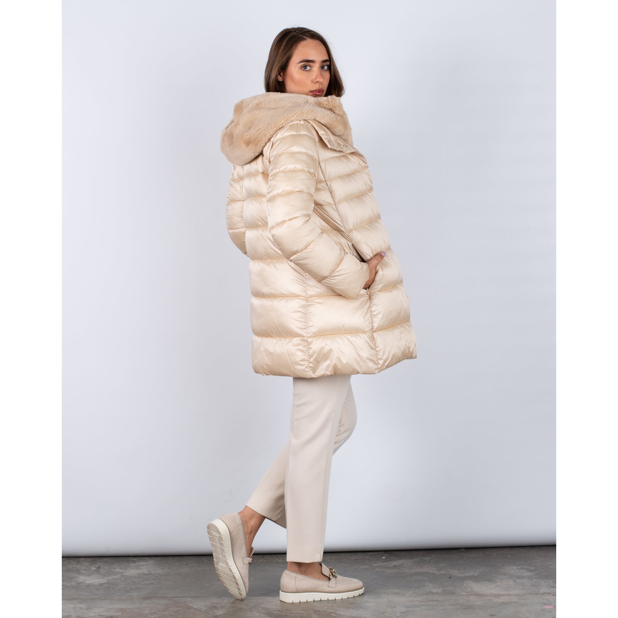 Marella Emme Toscana Puffa Coat With Detachable Faux Fur Lining Vanilla