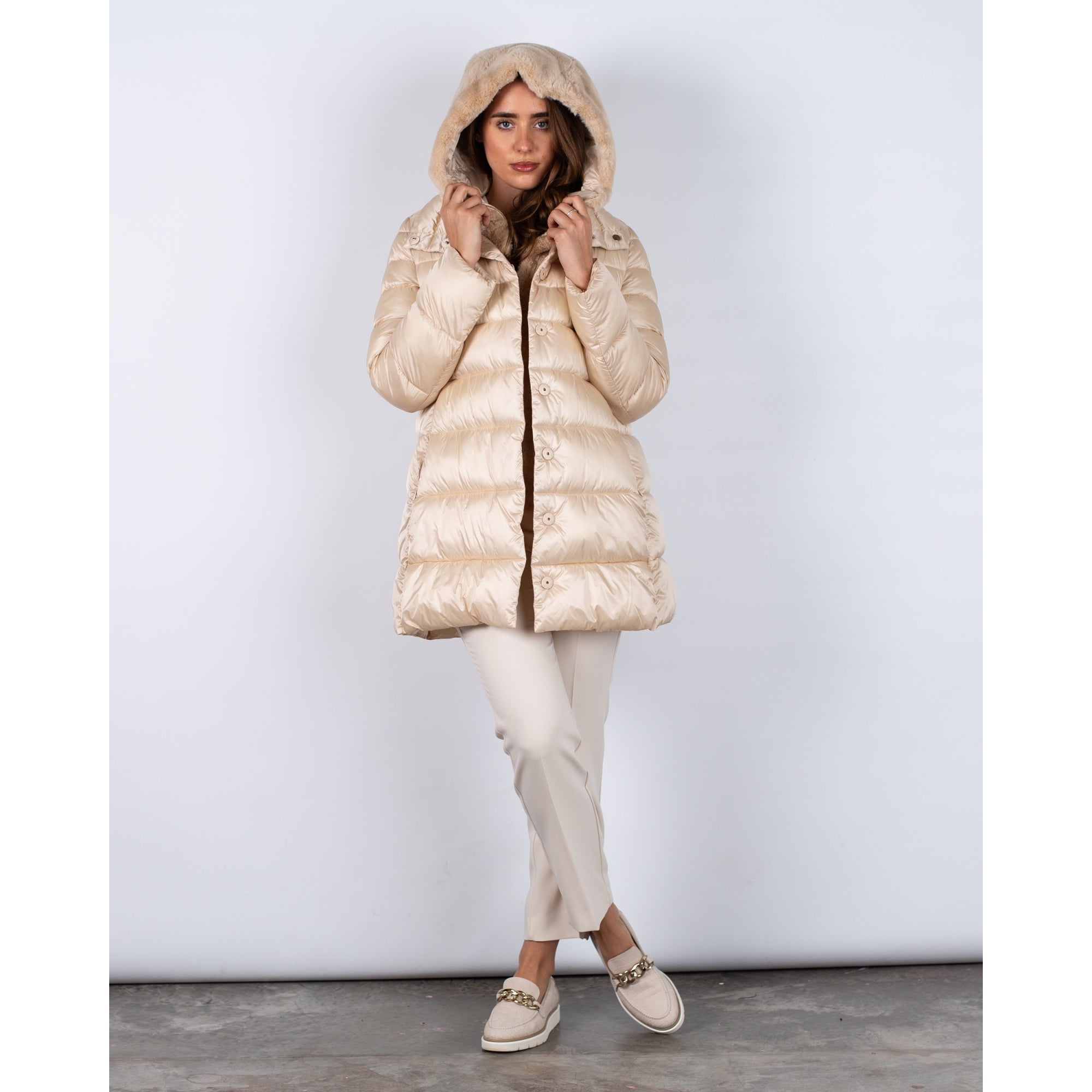 Marella Emme Toscana Puffa Coat With Detachable Faux Fur Lining Vanilla