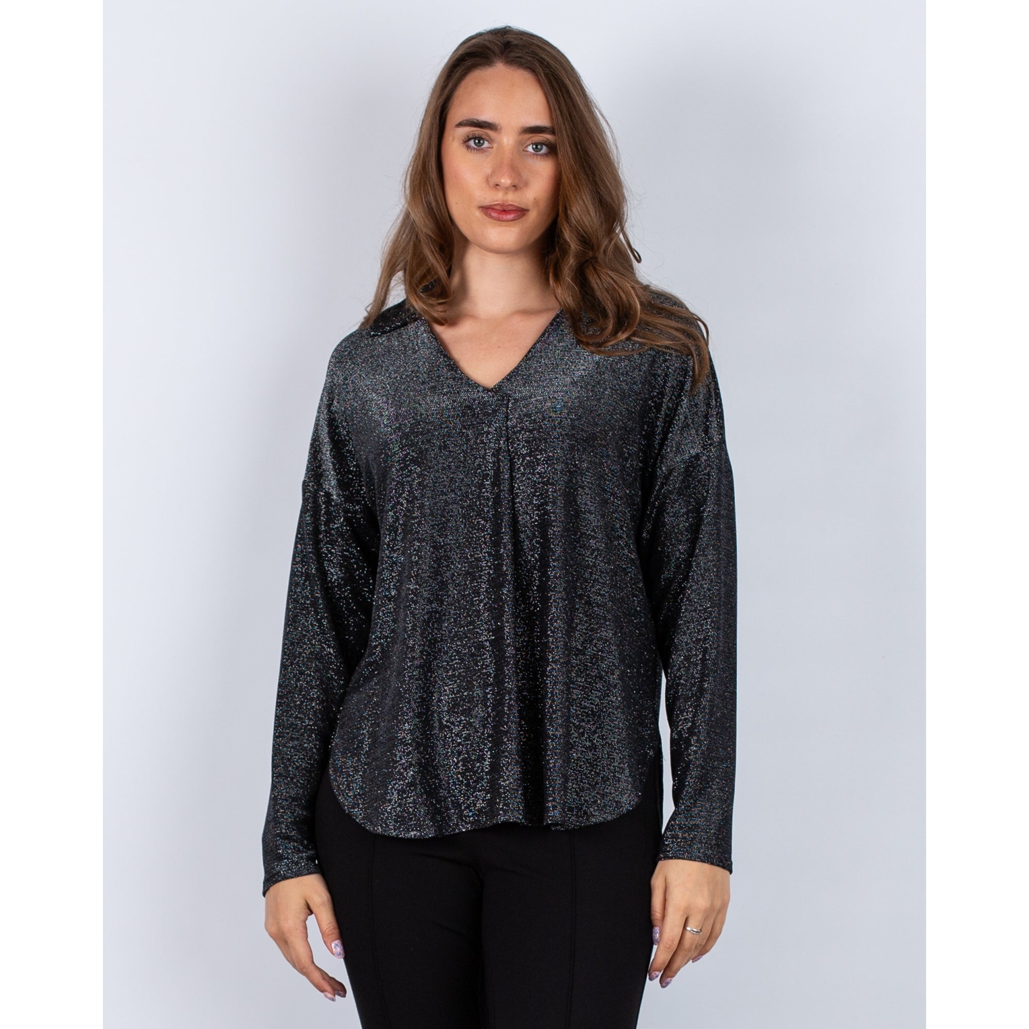 Joseph Ribkoff V Neck Collared Lurex Top Black/silver