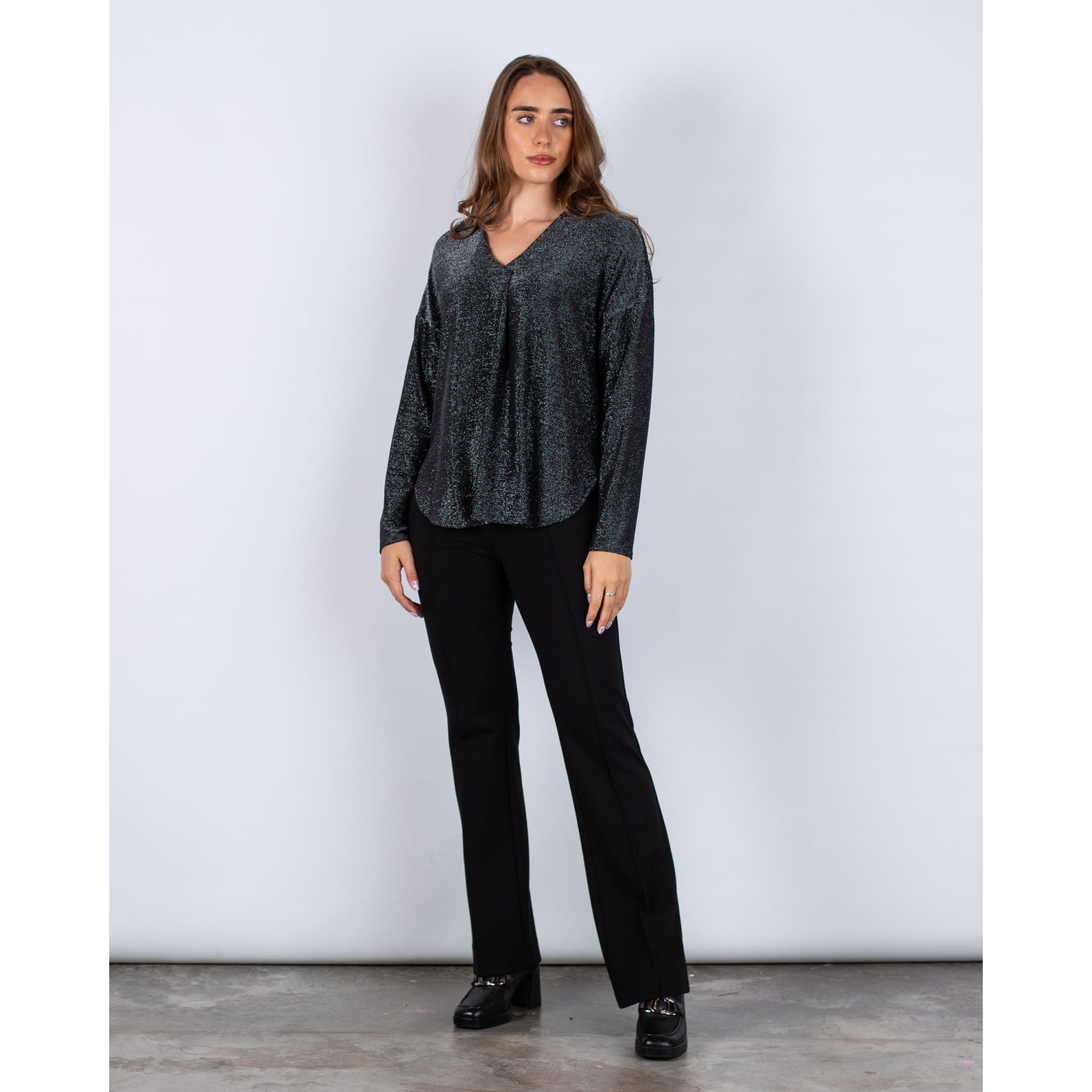 Joseph Ribkoff V Neck Collared Lurex Top Black/silver