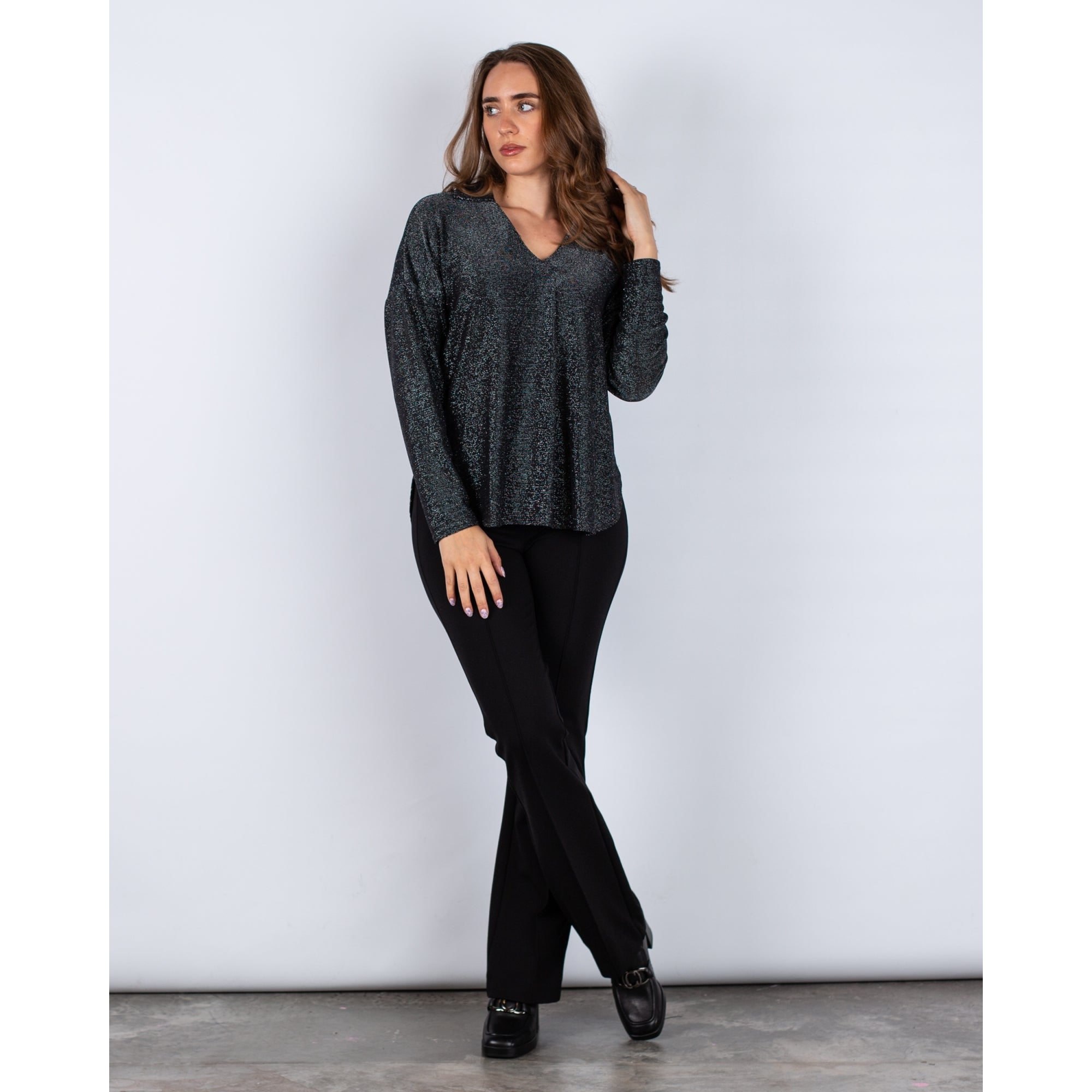 Joseph Ribkoff V Neck Collared Lurex Top Black/silver