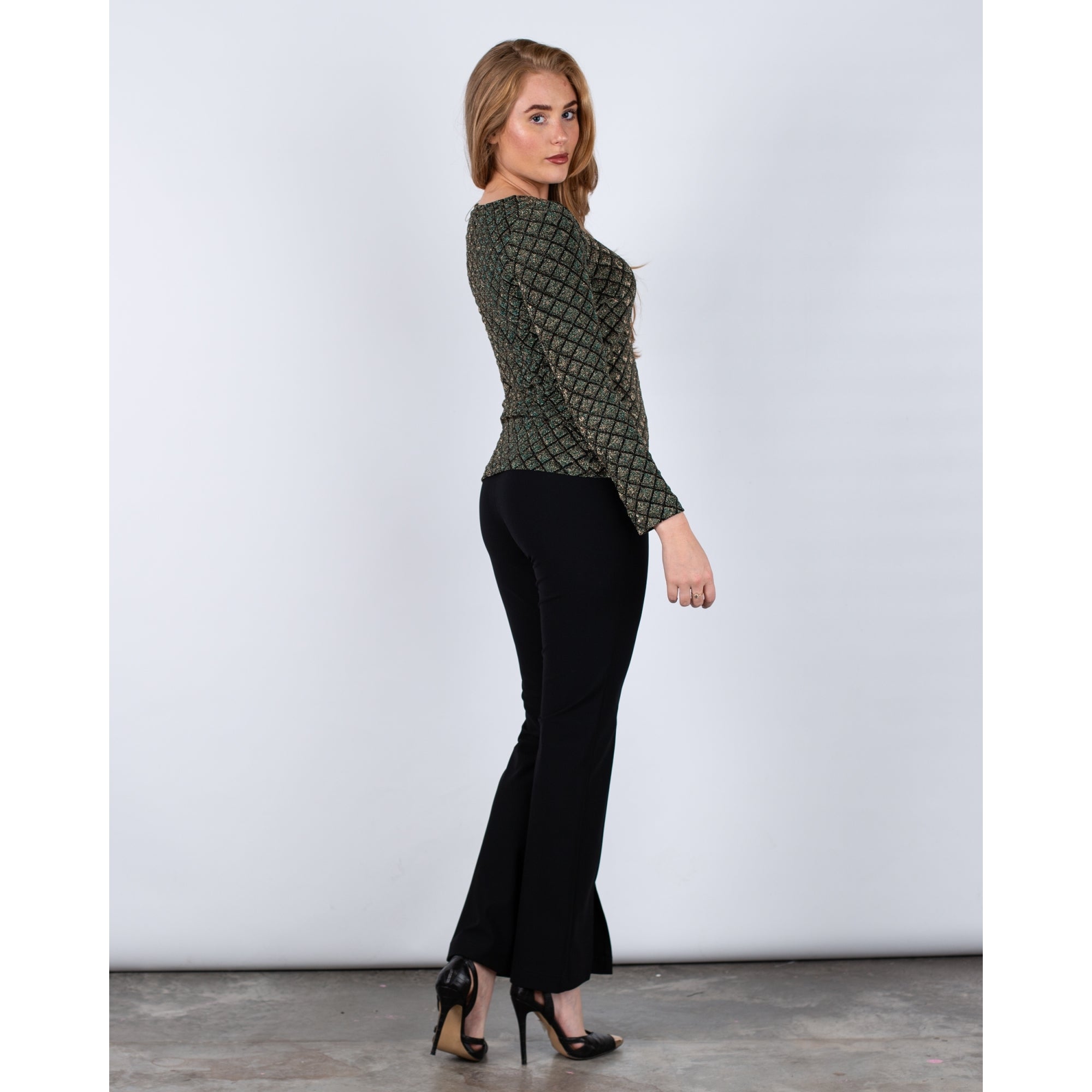 Ana Alcazar Asymmetric Neck Diamond Lurex Top Black/green/gold
