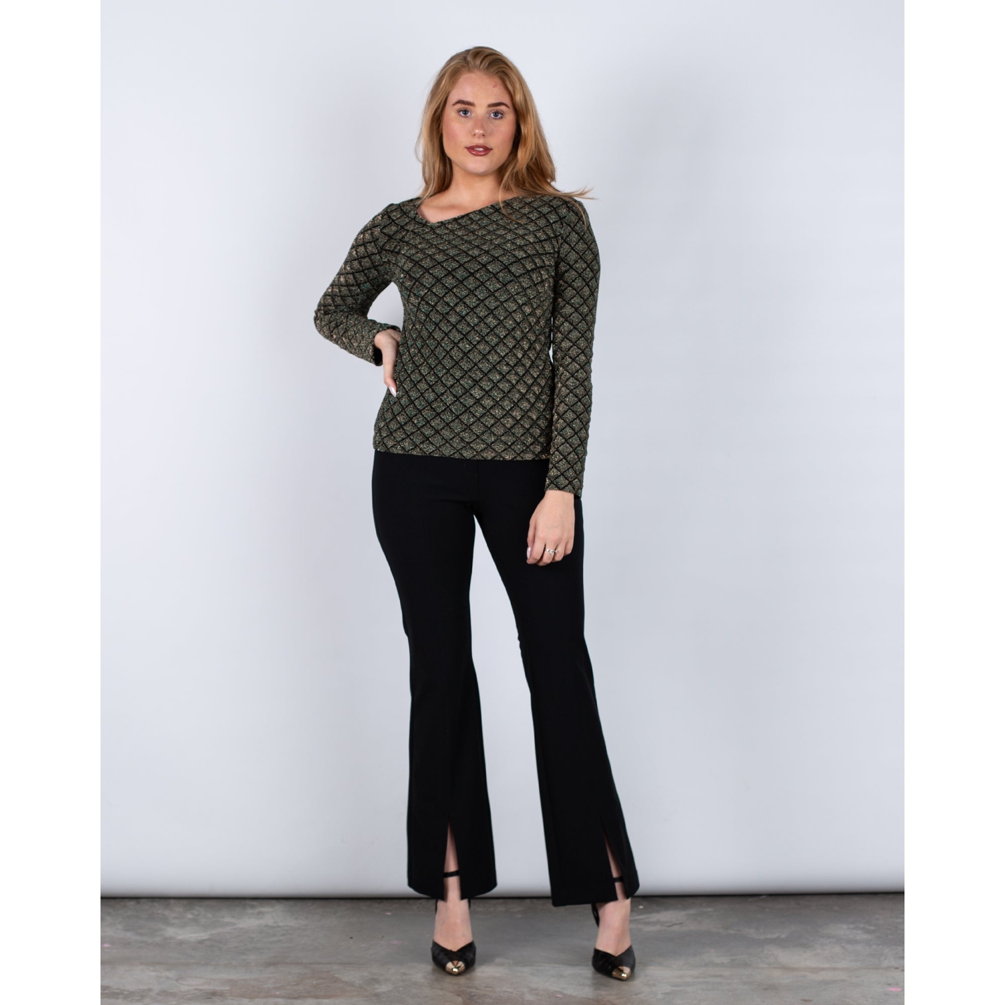 Ana Alcazar Asymmetric Neck Diamond Lurex Top Black/green/gold