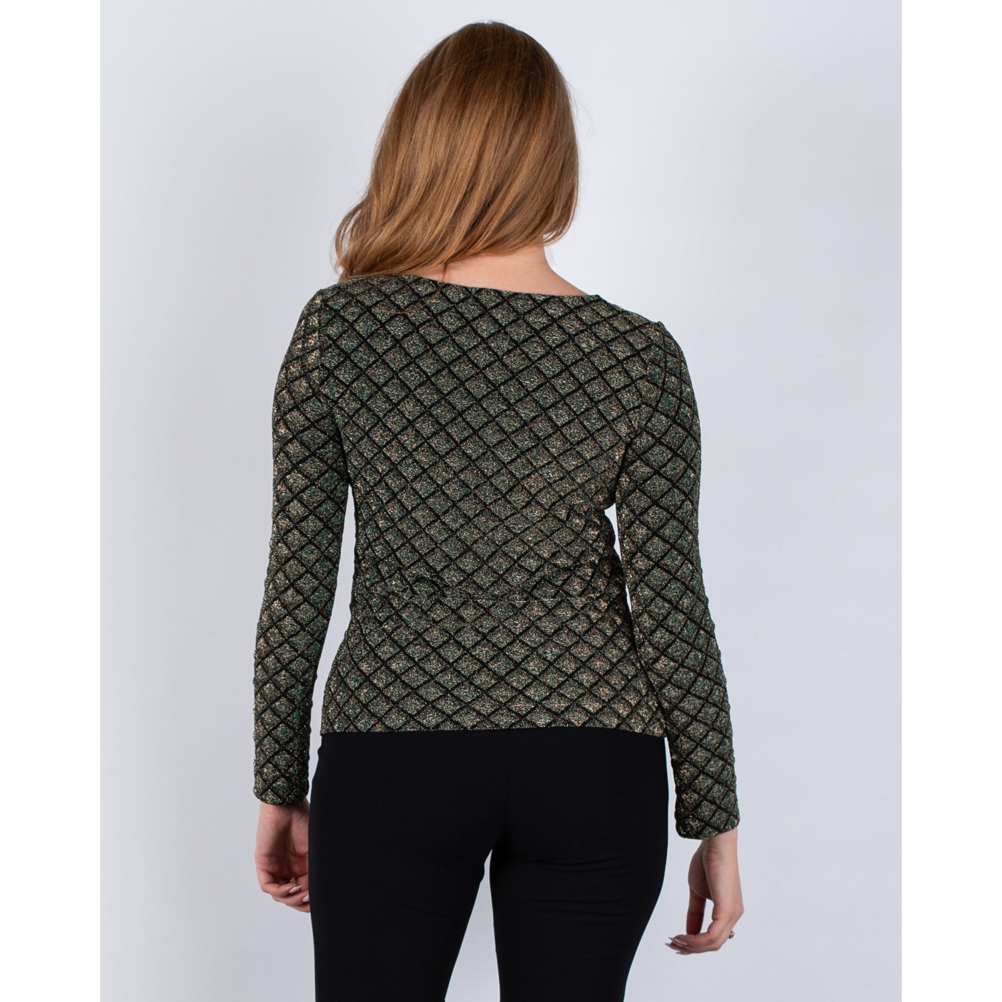 Ana Alcazar Asymmetric Neck Diamond Lurex Top Black/green/gold