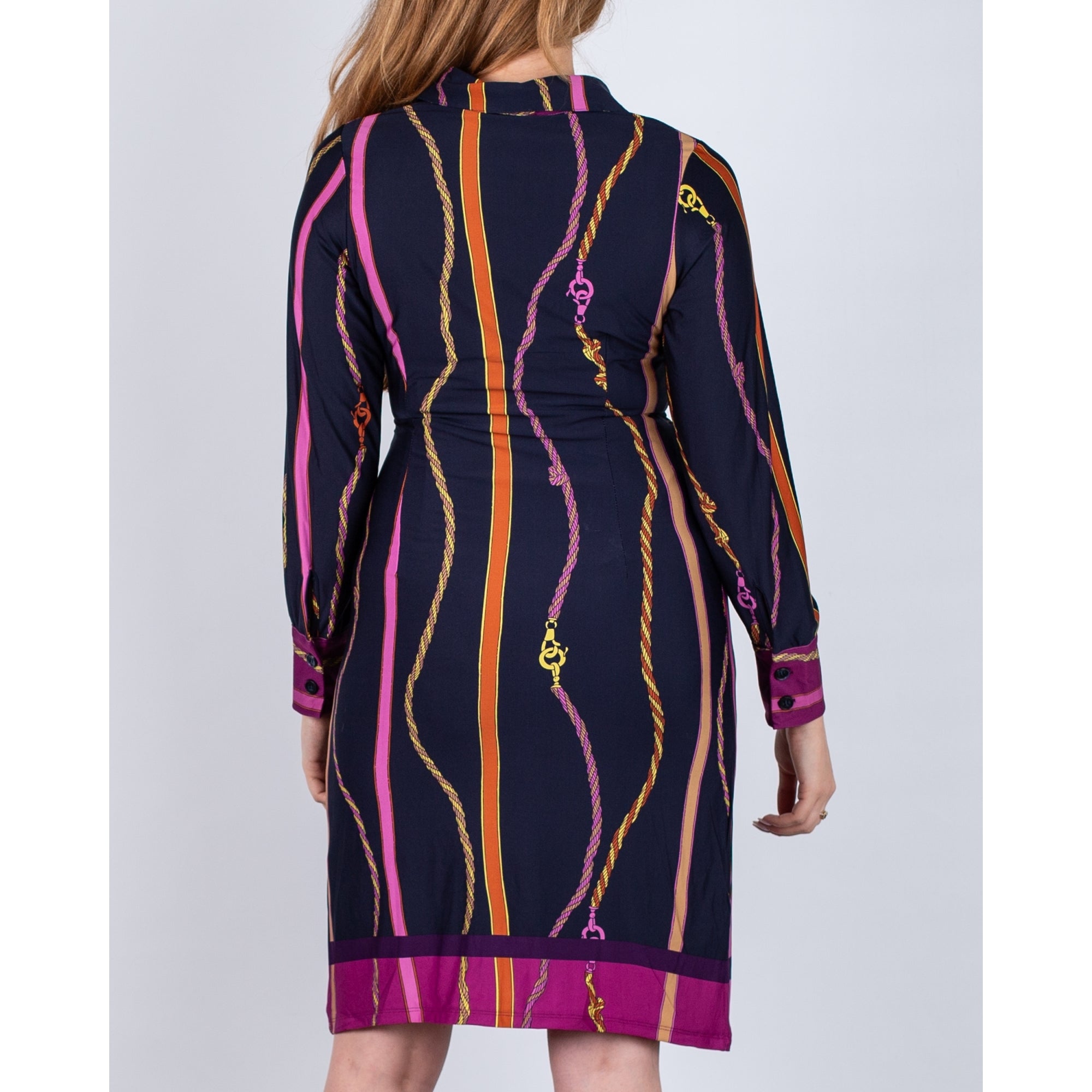 K Design Chain Print Jersey Shirt Dress With Tie Side Navy Multi