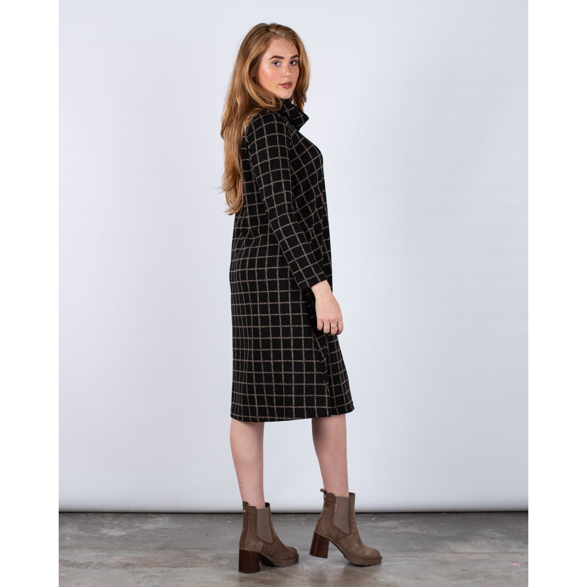 Sahara Cowl Neck Square Print Loose Bodied Dress Black/taupe