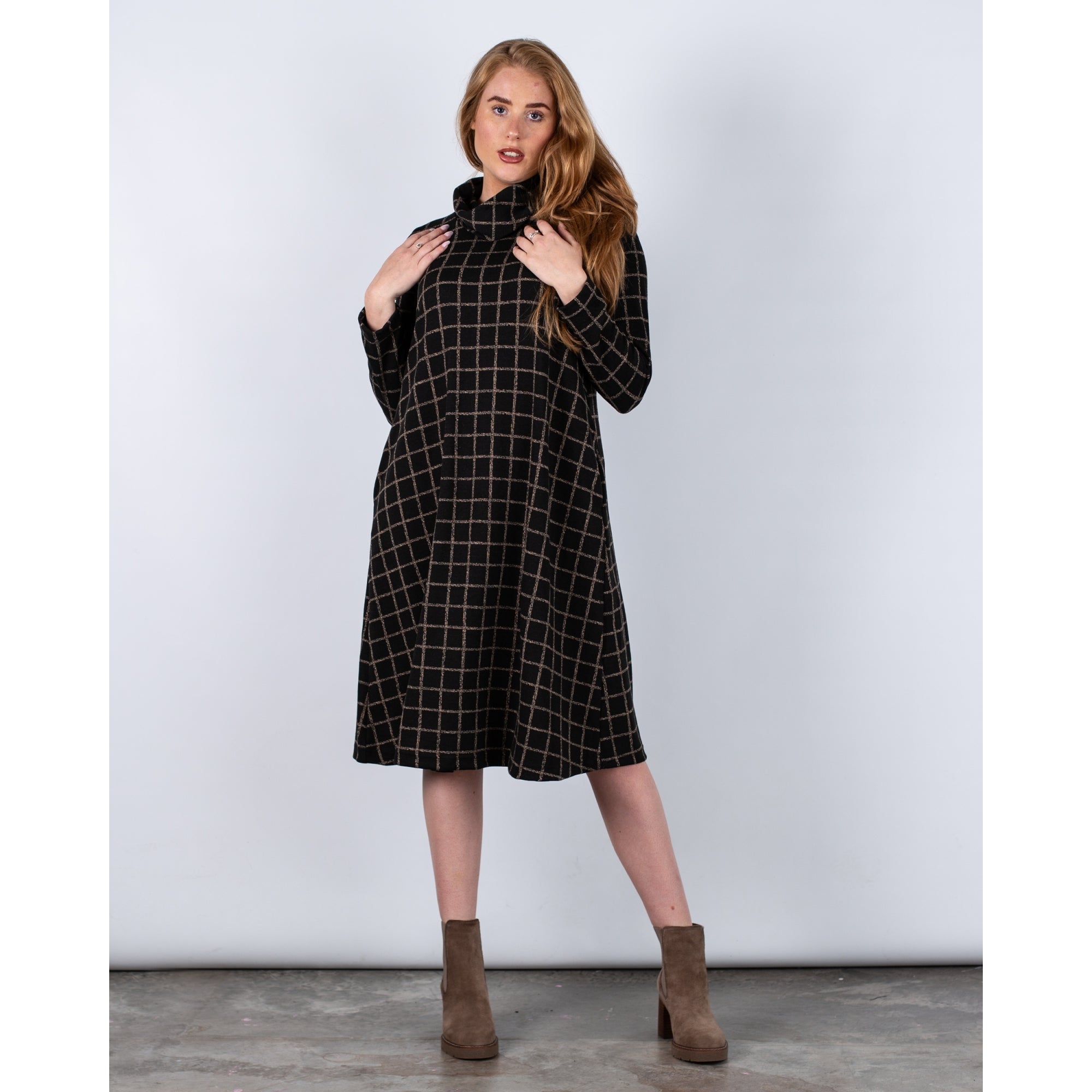 Sahara Cowl Neck Square Print Loose Bodied Dress Black/taupe