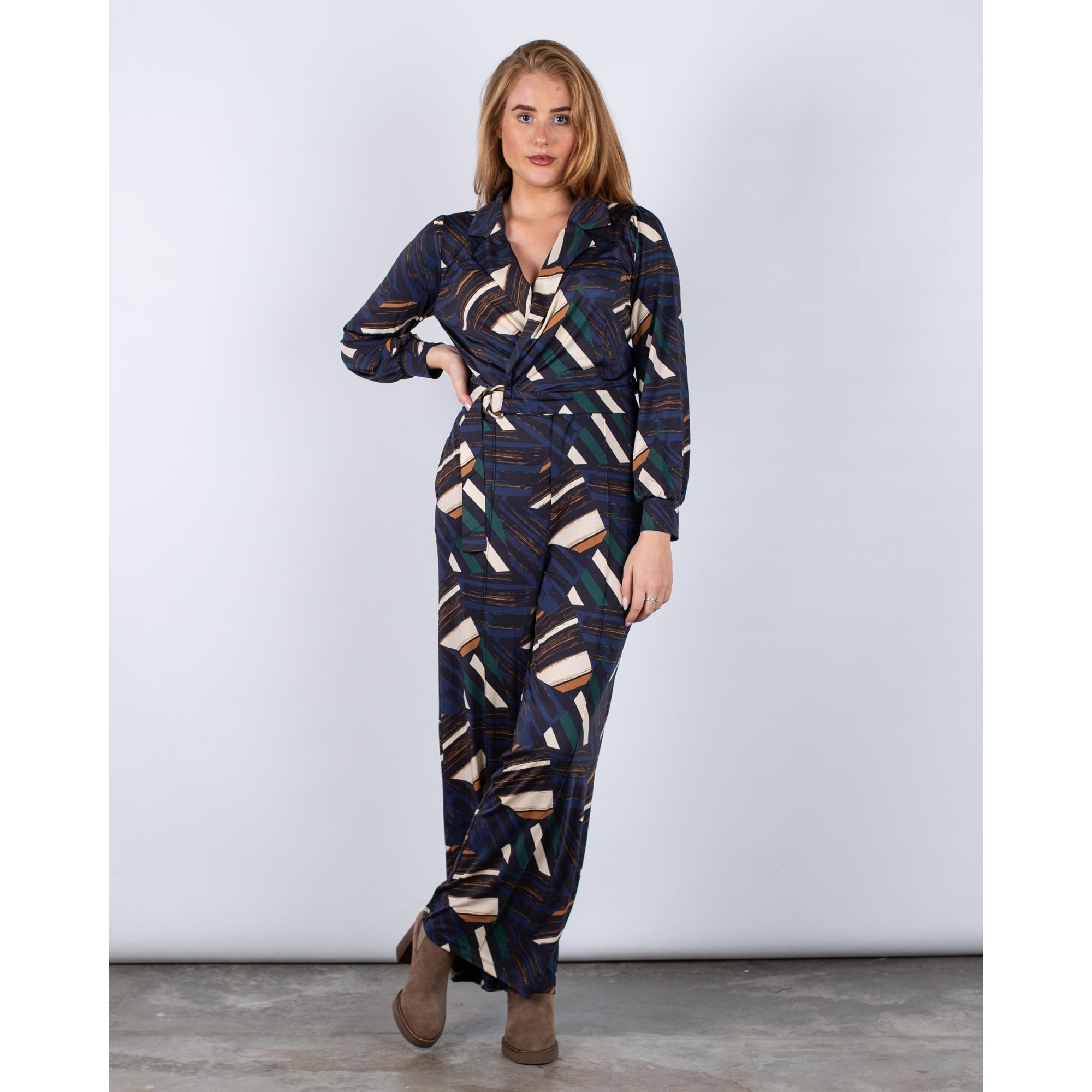 K Design Abstract Stripe Tie Side Jumpsuit Navy/camel