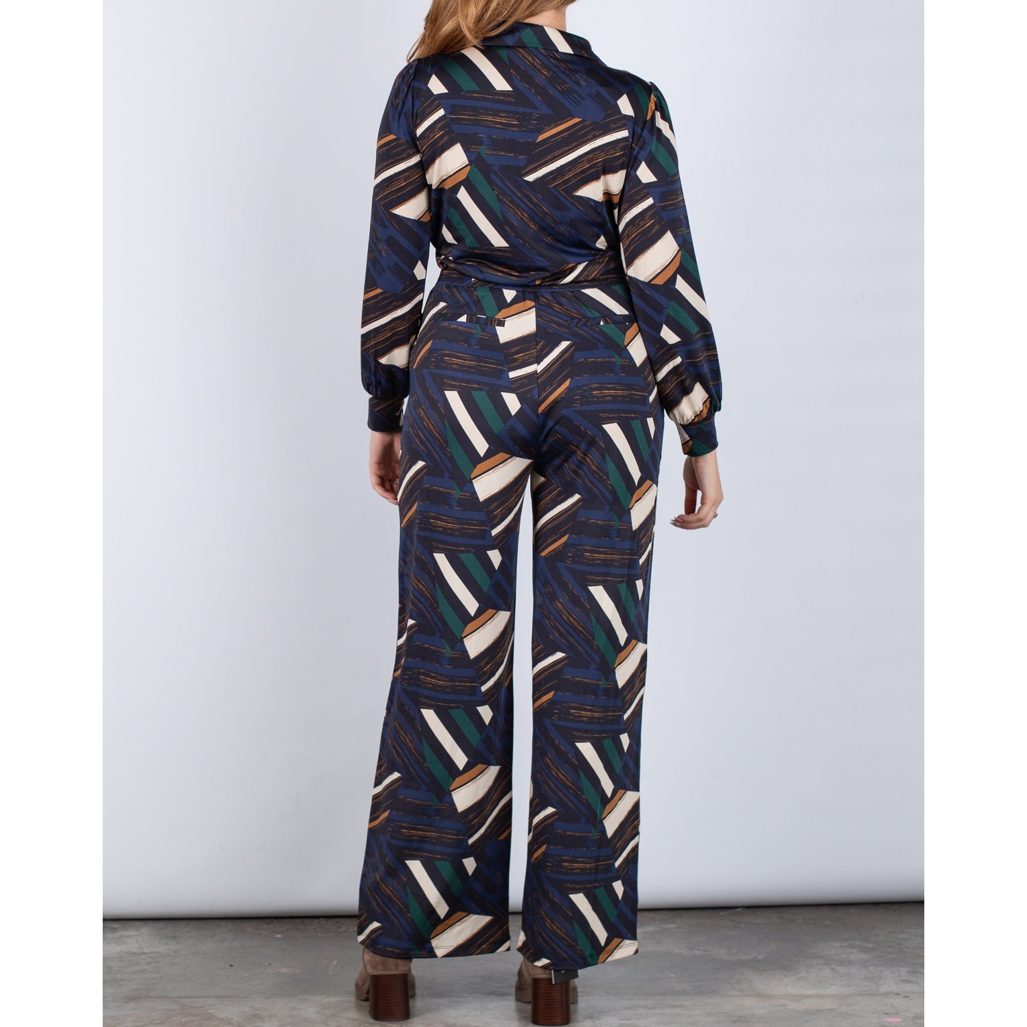 K Design Abstract Stripe Tie Side Jumpsuit Navy/camel