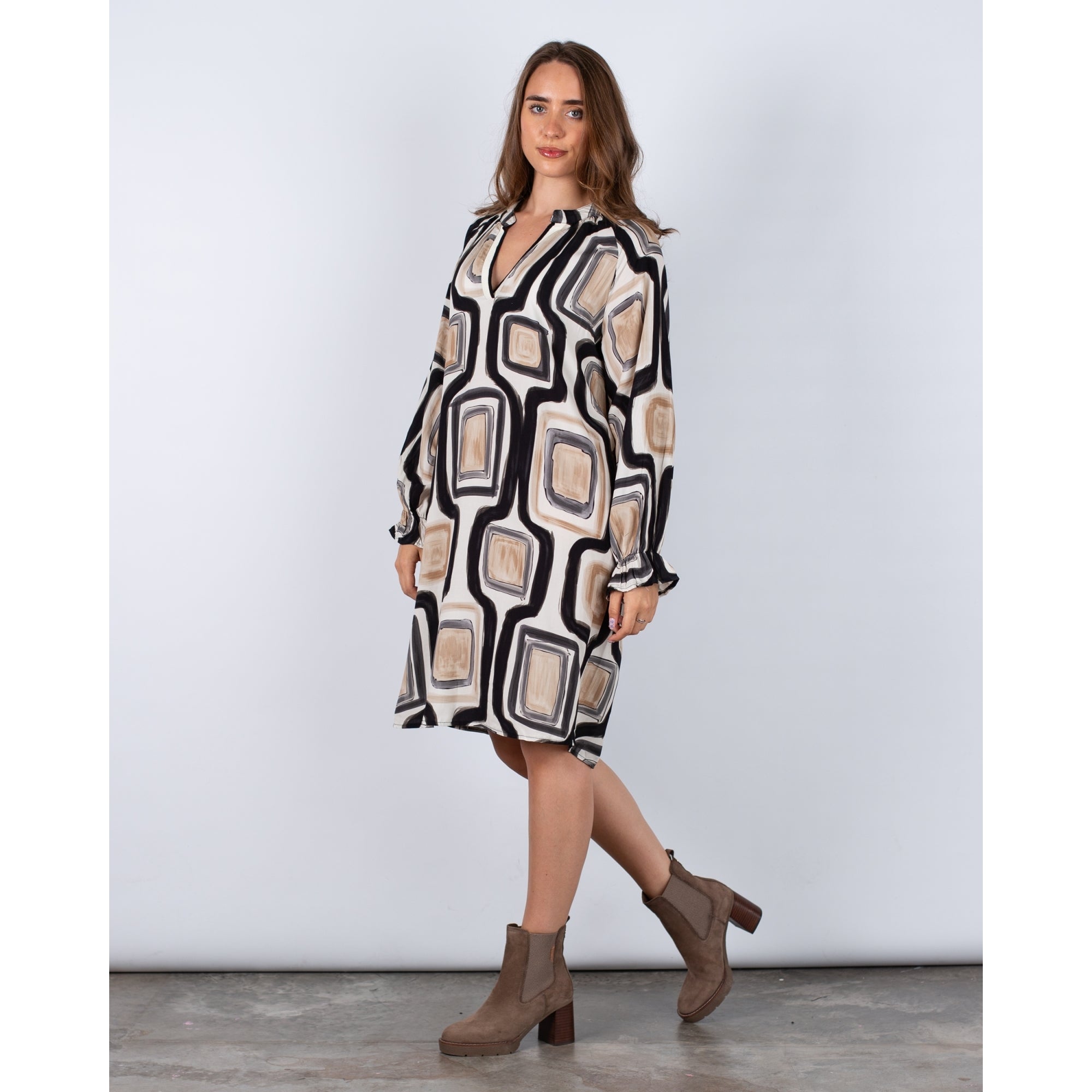 Marta Block Print Loose Bodied Dress Black/beige