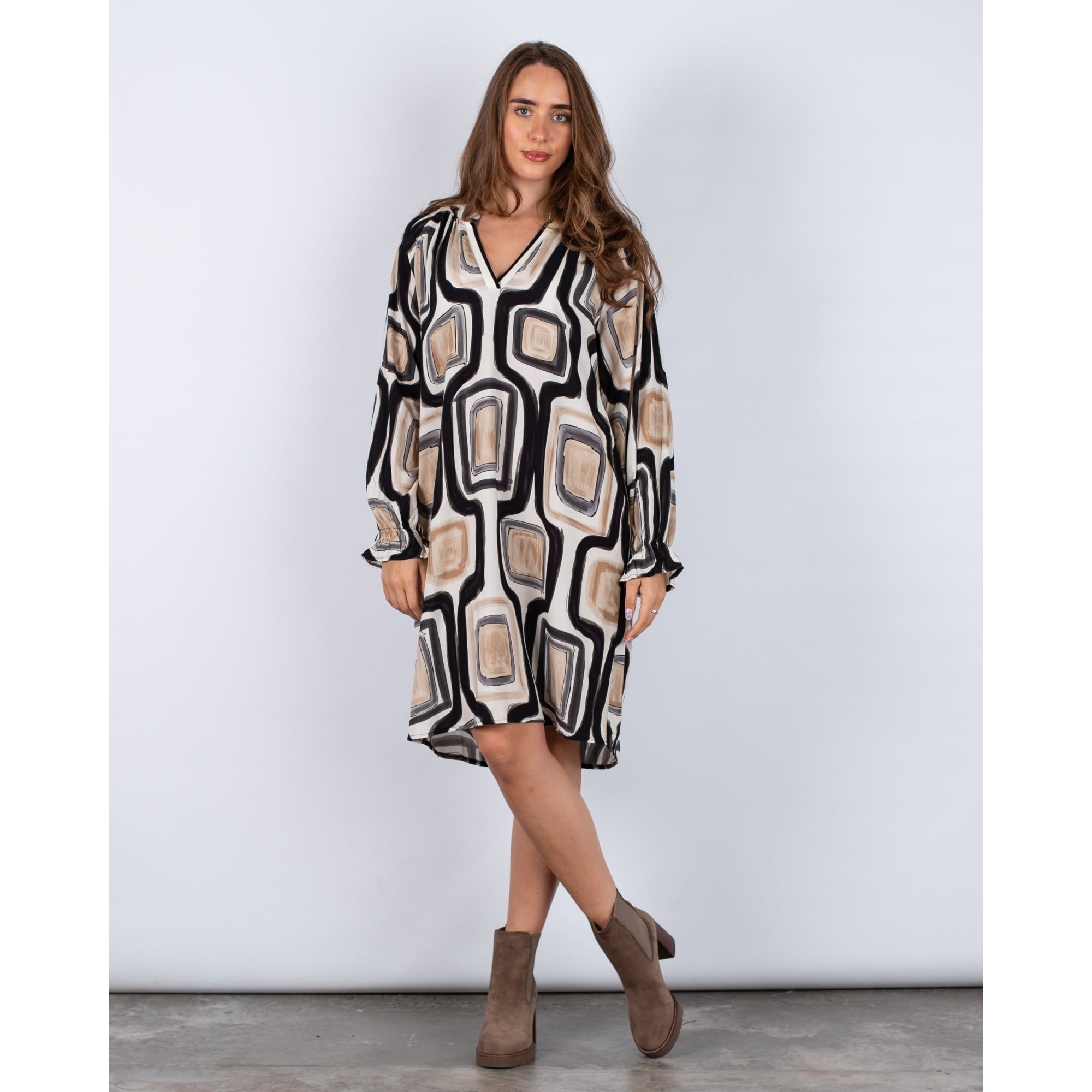 Marta Block Print Loose Bodied Dress Black/beige