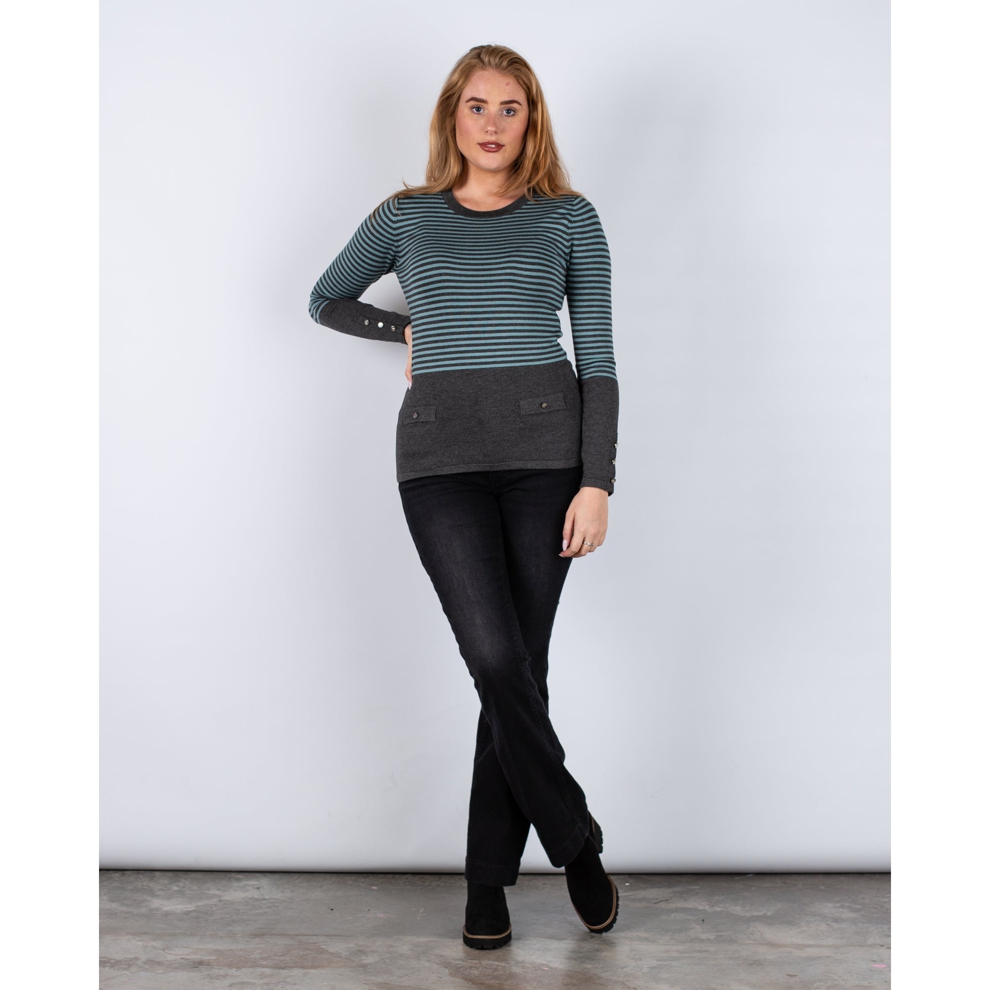 Marble Fashions Round Neck Stripe Jumper With Concealed Pocket Grey/teal