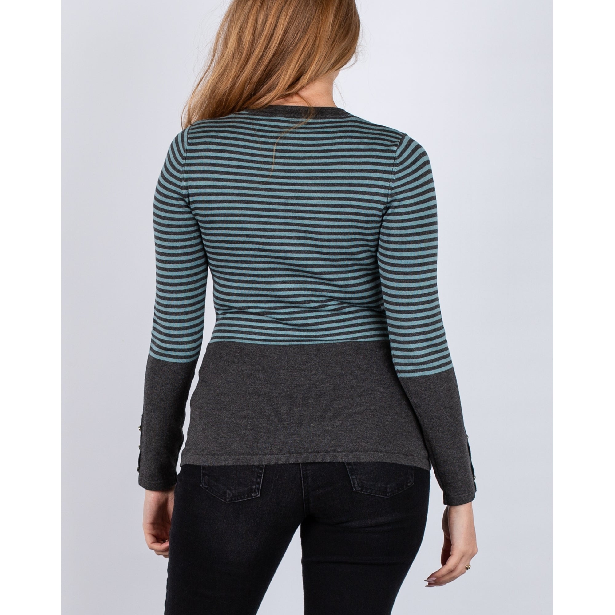 Marble Fashions Round Neck Stripe Jumper With Concealed Pocket Grey/teal