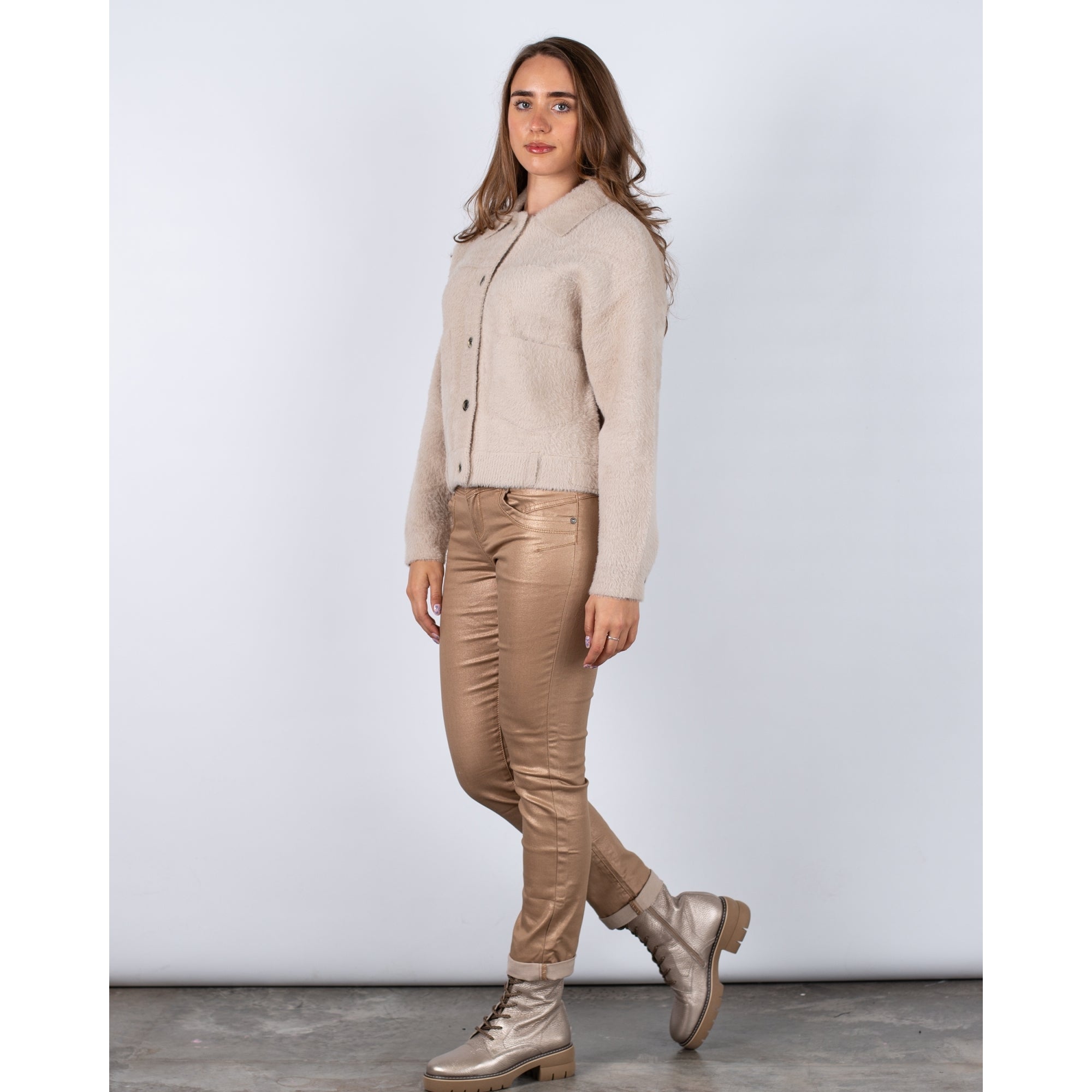 Rino & Pelle Bubbly Button Back Pocket Front Soft Boxy Jacket Stone