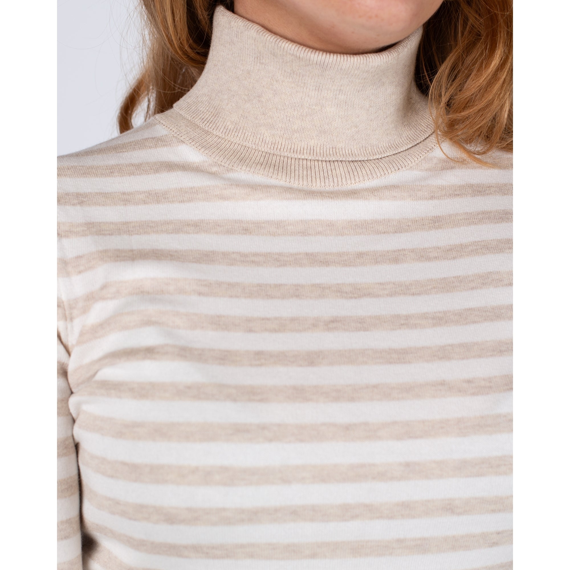 Oui Fitted Roll Neck Stripe Jumper Beige/cream