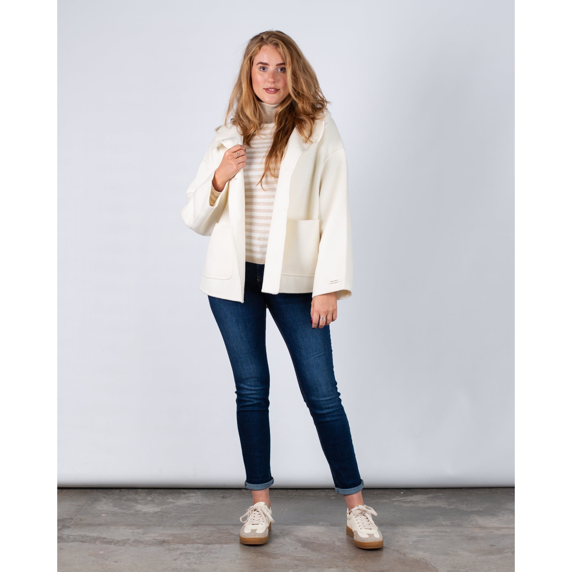 Oui Fitted Roll Neck Stripe Jumper Beige/cream