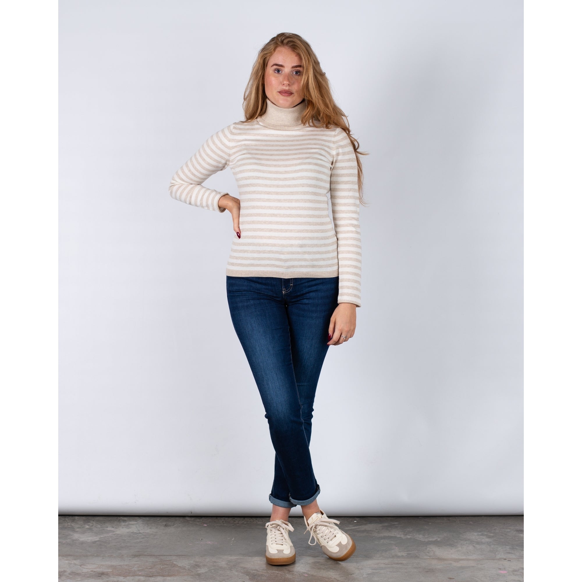 Oui Fitted Roll Neck Stripe Jumper Beige/cream