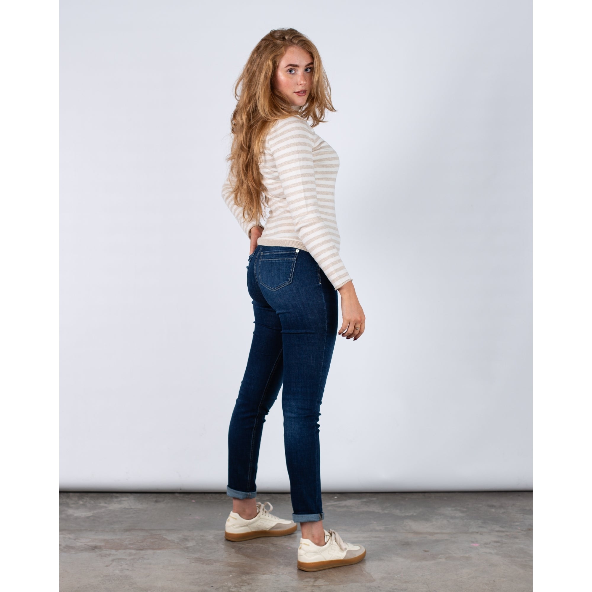 Oui Fitted Roll Neck Stripe Jumper Beige/cream