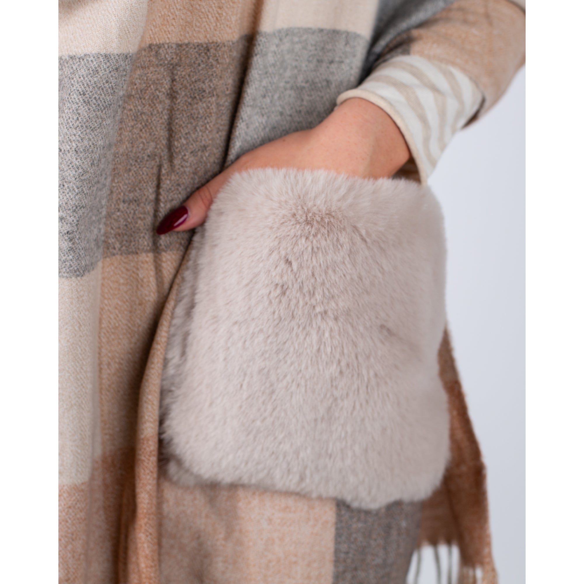 Rino & Pelle Apollo Check Shawl With Fur Collar And Pockets Sand/camel/grey