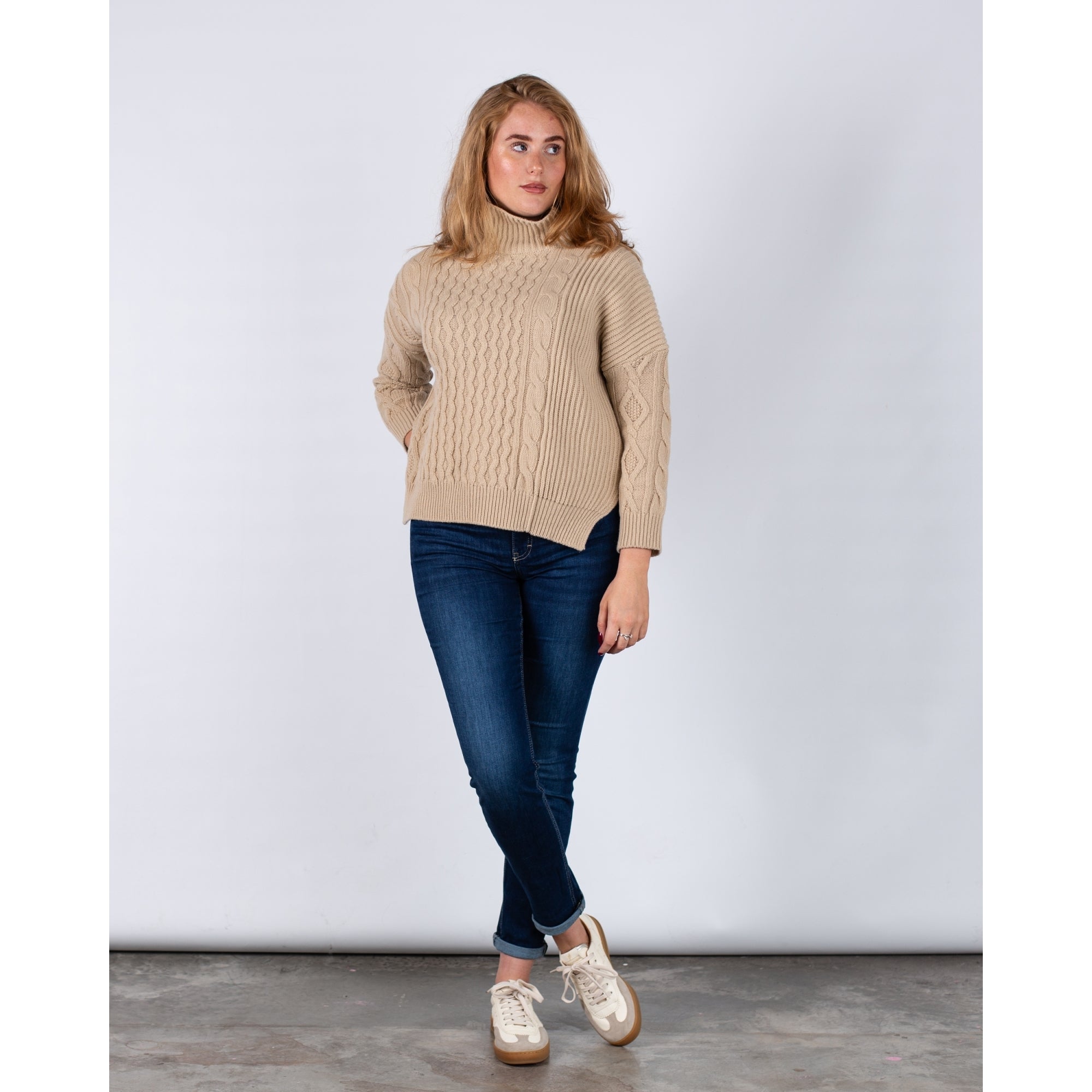 Weekend By Maxmara Veneto Cable Turtle Neck Loose Bodied Ribbed Back Jumper Sand